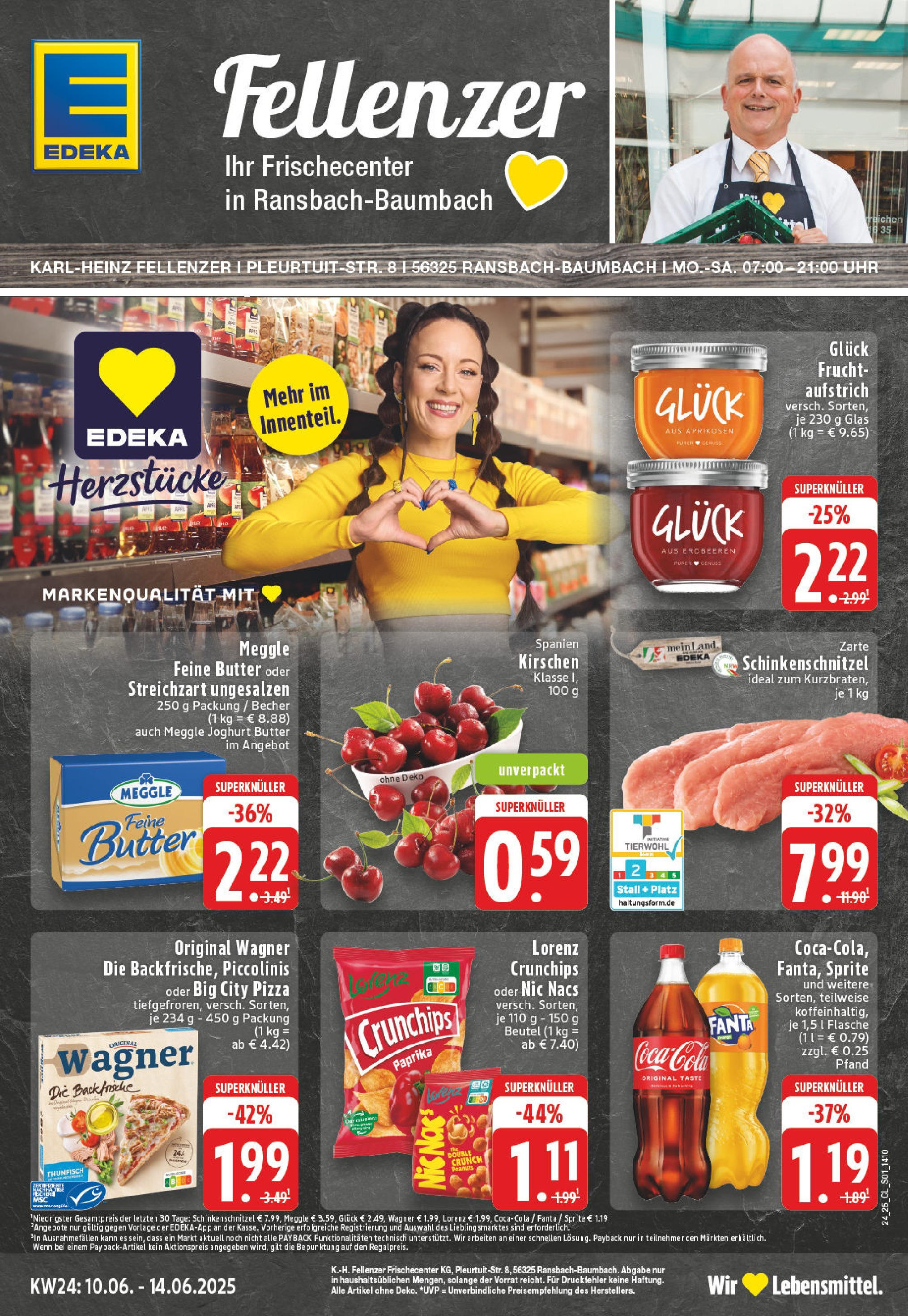 Edeka prospekt Ransbach-Baumbach	 (ab 08.06.2025) » Angebote Online | Seite: 1 | Produkte: Cola, Schnitzel, Kirschen, Uhr