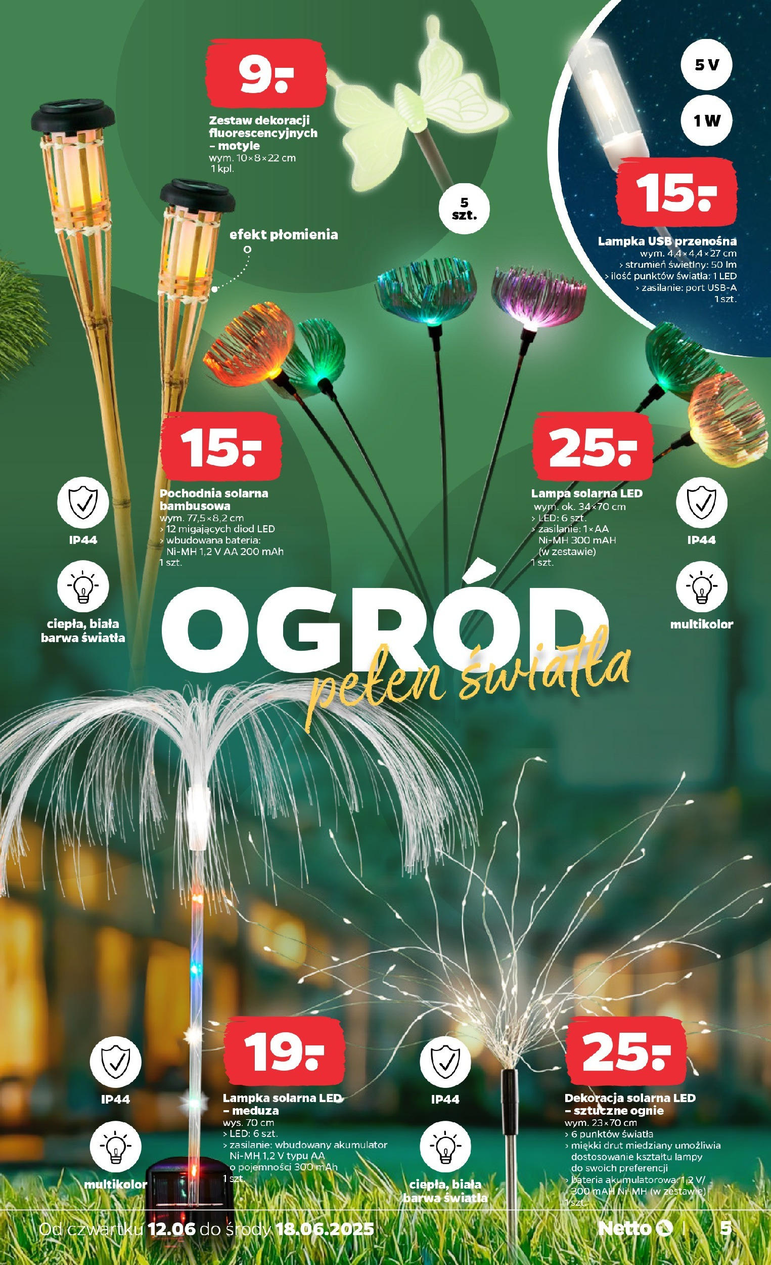 Netto gazetka - Spożywcza od 12.06.2025 - Aktualne promocje | Strona: 24 | Produkty: Pochodnia solarna, USB, Bateria, Lampa