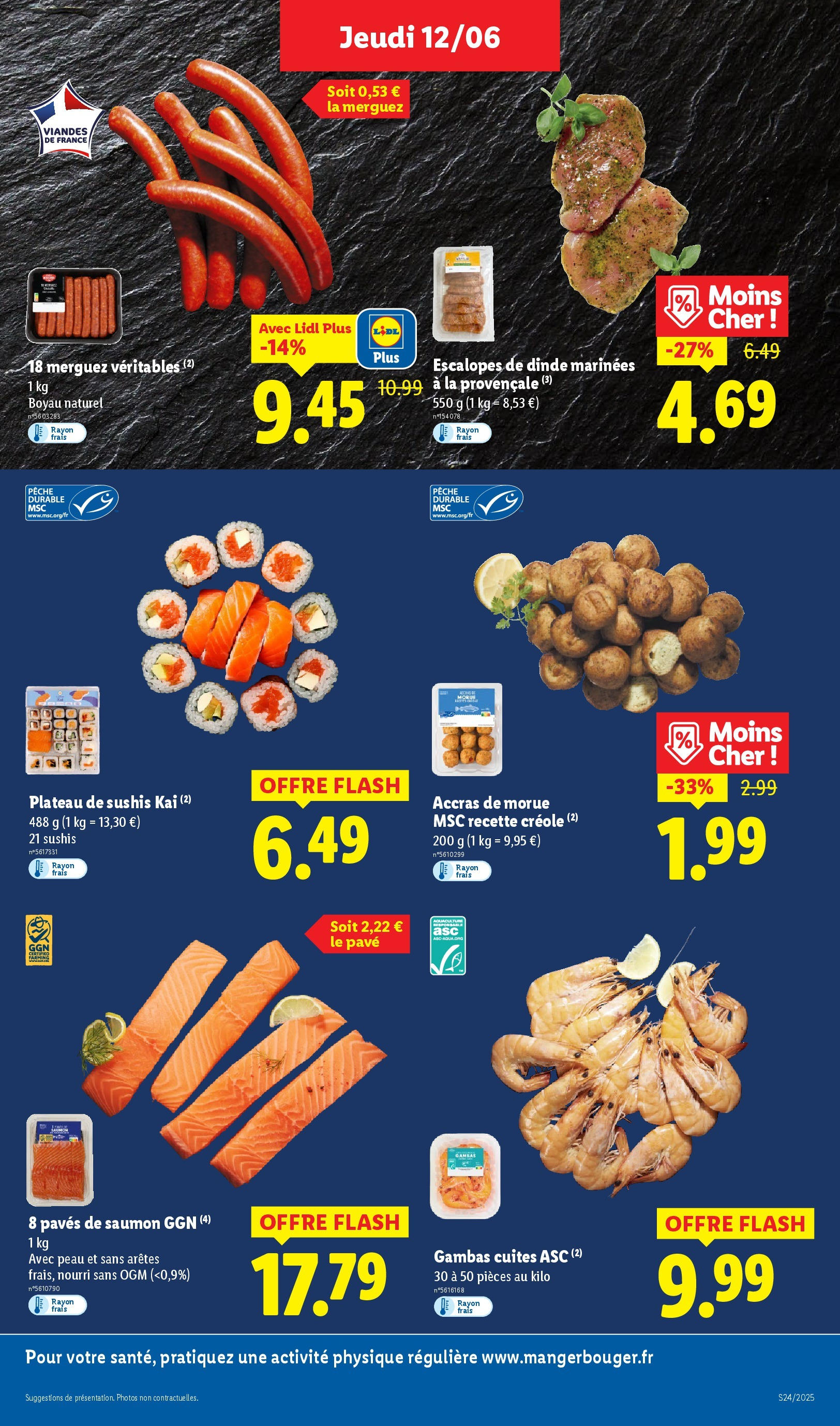 Catalogue LIDL du 12/06/2025 | Promo prospectus en ligne | Page: 7 | Produits: Plateau, Merguez, Sushi, Morue Catalogue LIDL du 12/06/2025 | Promo prospectus en ligne | Page: 7 | Produits: Plateau, Merguez, Sushi, Morue