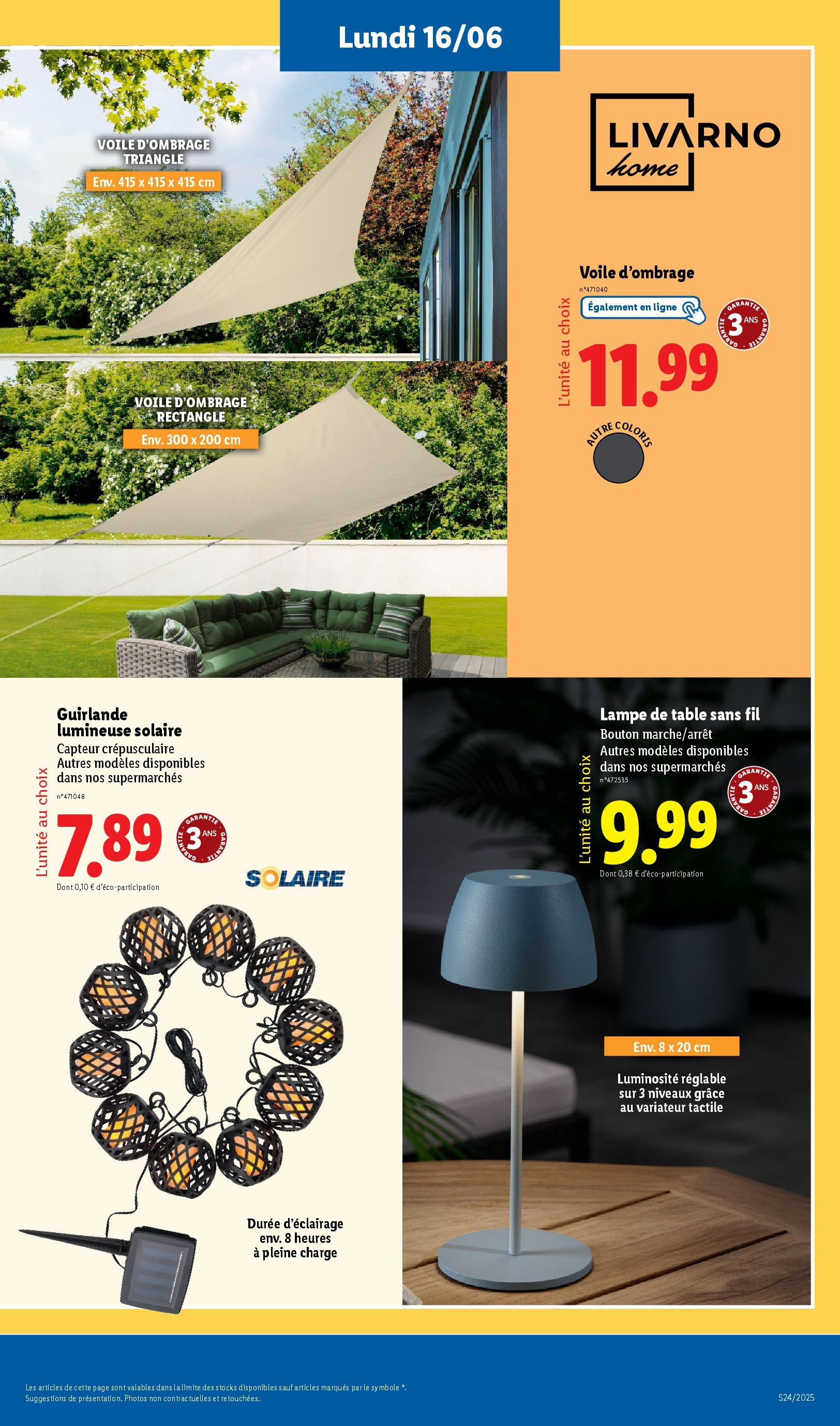 Catalogue LIDL du 12/06/2025 | Promo prospectus en ligne | Page: 57 | Produits: Voile d'ombrage, Guirlande lumineuse, Table, Lampe Catalogue LIDL du 12/06/2025 | Promo prospectus en ligne | Page: 57 | Produits: Voile d'ombrage, Guirlande lumineuse, Table, Lampe