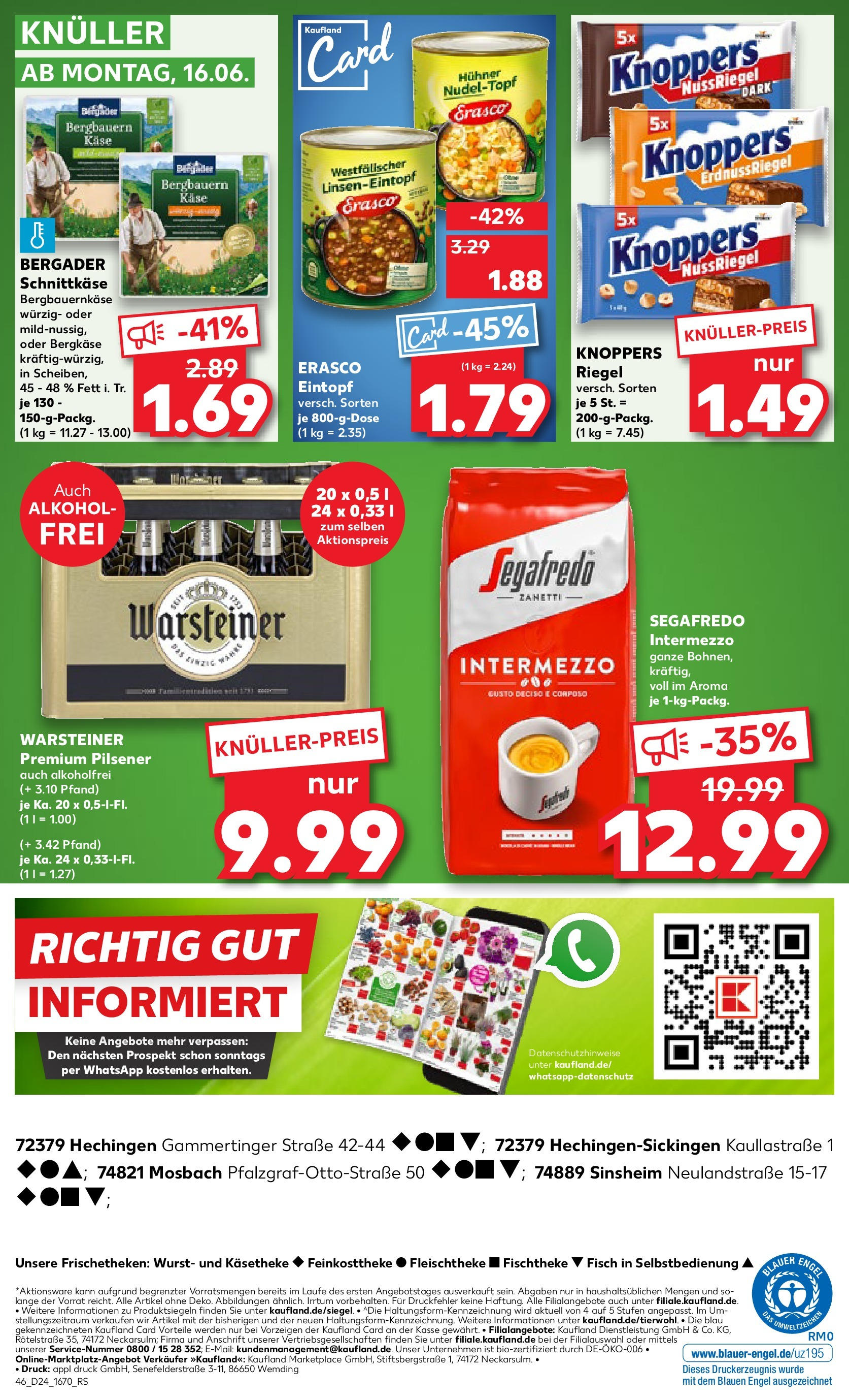 Prospekt Kaufland ab 11.06.2025 » Angebote Online zum Blättern | Seite: 46 | Produkte: Käse, Warsteiner, Knoppers, Erasco