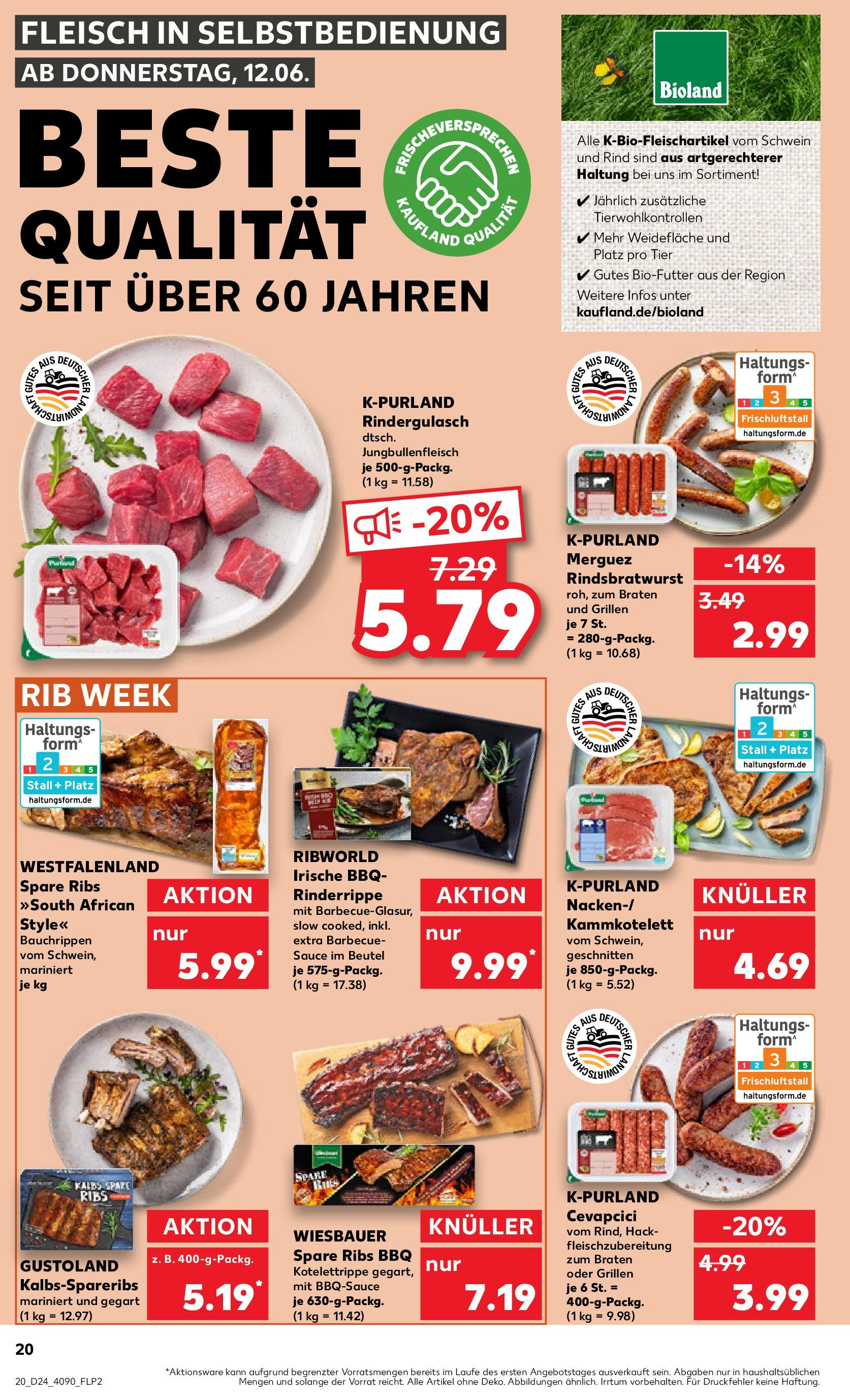Prospekt Kaufland ab 11.06.2025 » Angebote Online zum Blättern | Seite: 20 | Produkte: Rindergulasch, Spare ribs, Cevapcici, Fleisch