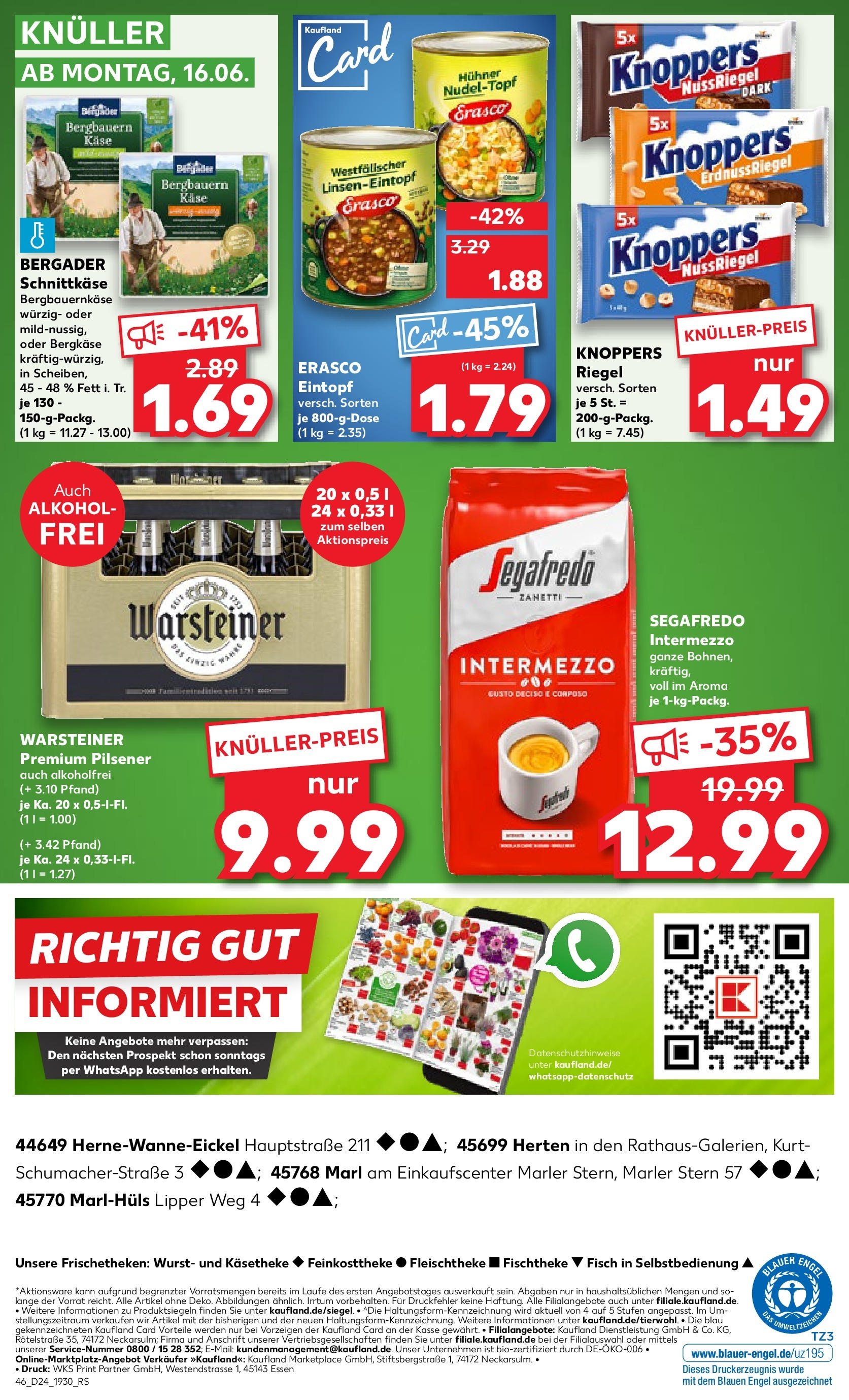 Prospekt Kaufland ab 11.06.2025 » Angebote Online zum Blättern | Seite: 46 | Produkte: Warsteiner, Knoppers, Erasco, Segafredo