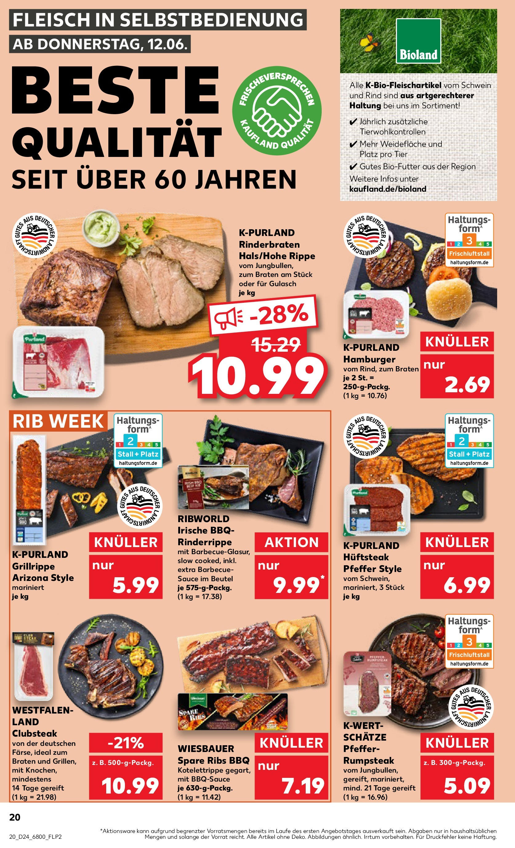 Prospekt Kaufland ab 11.06.2025 » Angebote Online zum Blättern | Seite: 20 | Produkte: Rinderbraten, Spare ribs, Gulasch, Fleisch