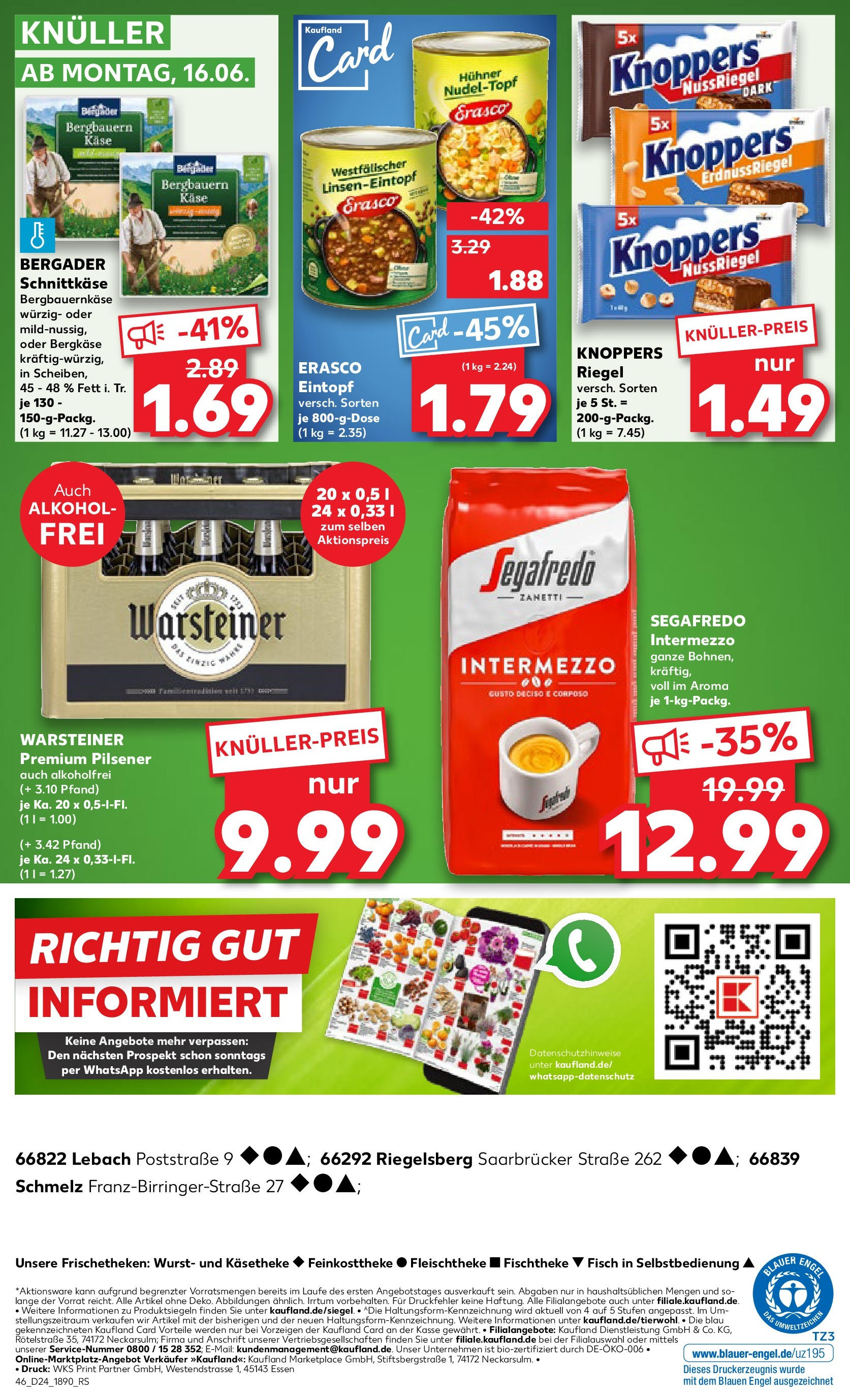 Prospekt Kaufland ab 11.06.2025 » Angebote Online zum Blättern | Seite: 46 | Produkte: Käse, Knoppers, Erasco, Segafredo