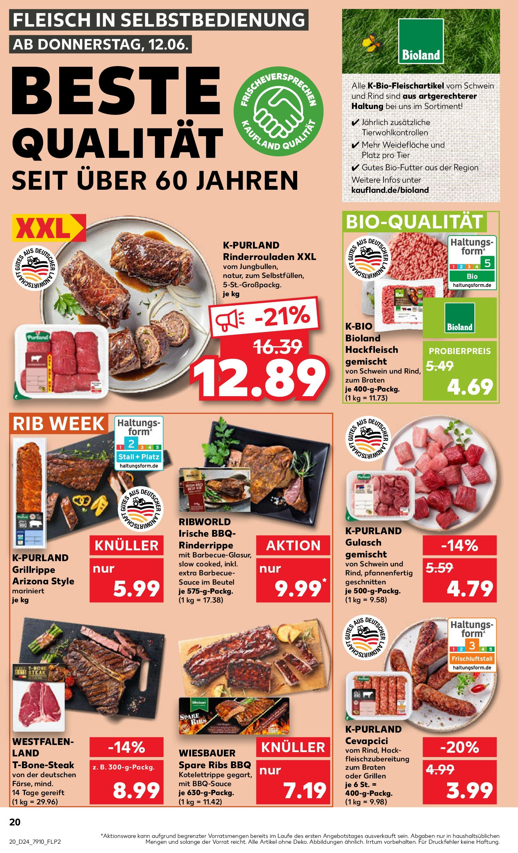 Prospekt Kaufland ab 11.06.2025 » Angebote Online zum Blättern | Seite: 20 | Produkte: Rinderrouladen, Spare ribs, Cevapcici, Steak