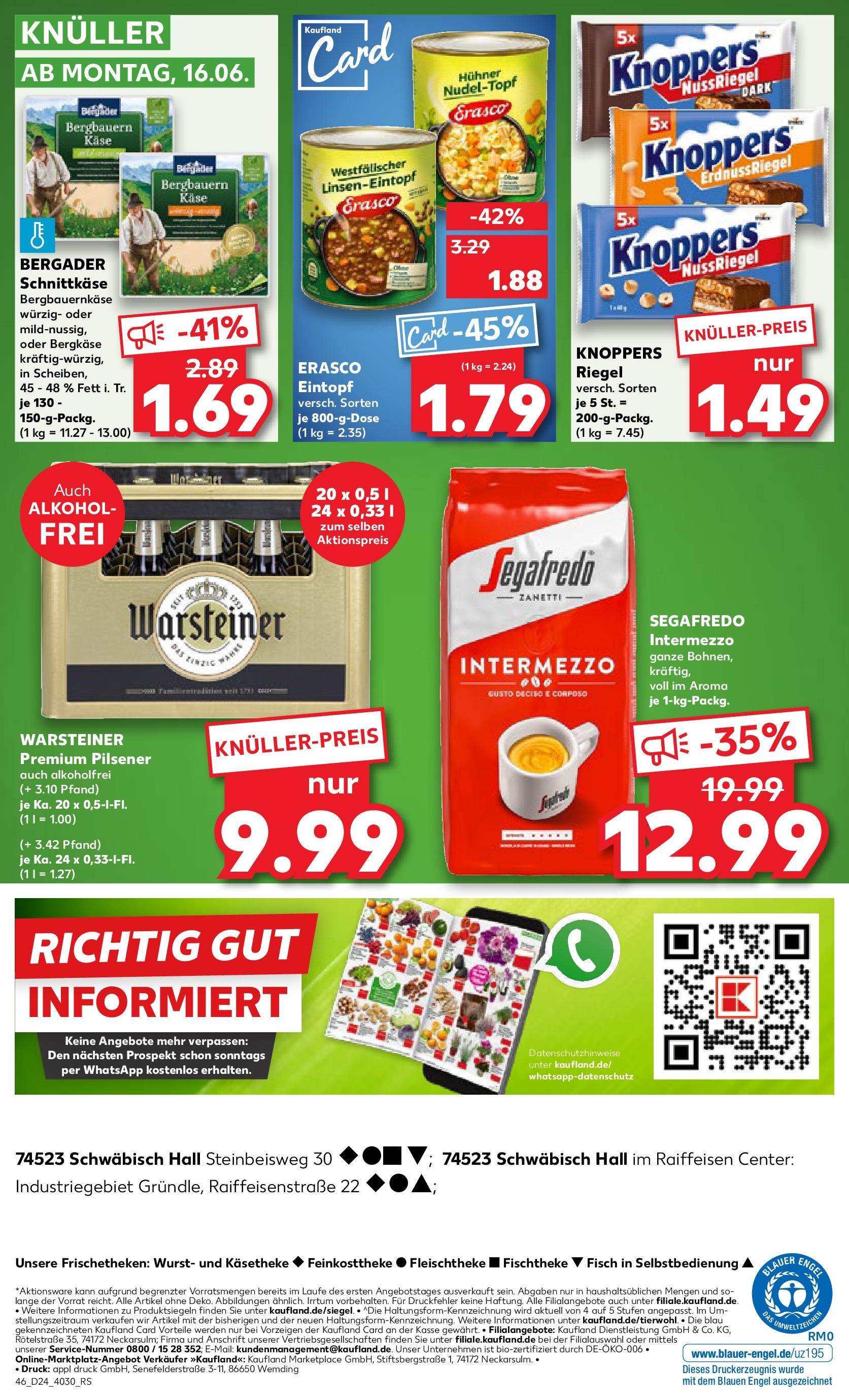 Prospekt Kaufland ab 11.06.2025 » Angebote Online zum Blättern | Seite: 46 | Produkte: Käse, Warsteiner, Knoppers, Segafredo
