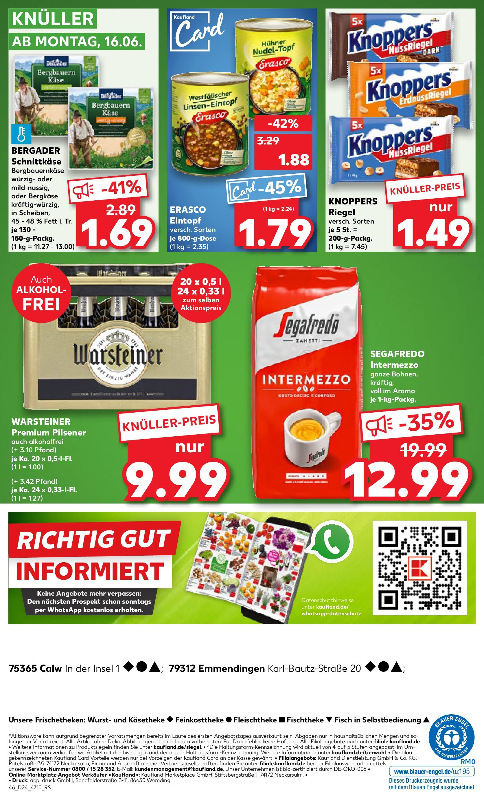 Prospekt Kaufland ab 11.06.2025 » Angebote Online zum Blättern | Seite: 46 | Produkte: Käse, Warsteiner, Wurst, Erasco
