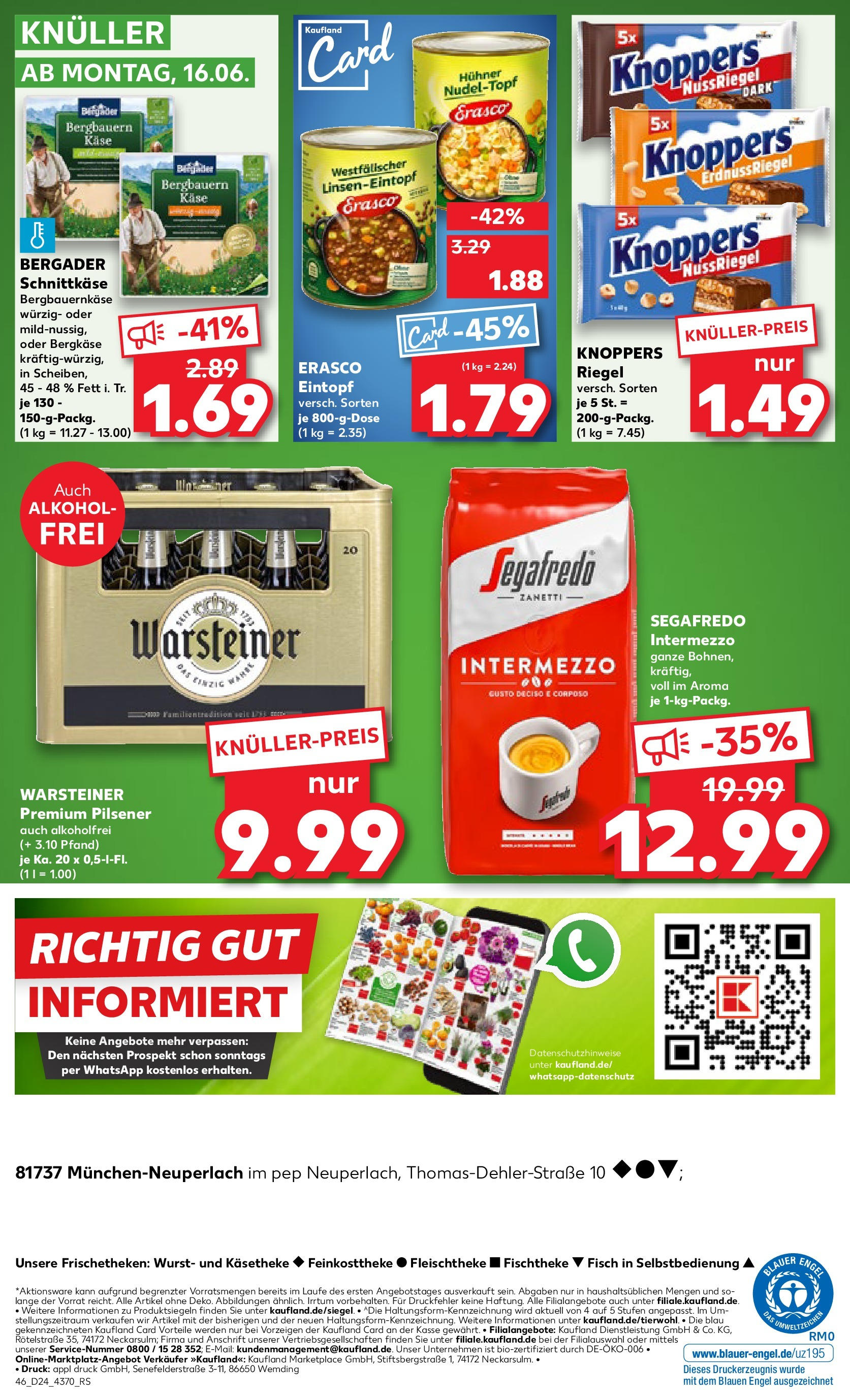Prospekt Kaufland ab 11.06.2025 » Angebote Online zum Blättern | Seite: 46 | Produkte: Warsteiner, Knoppers, Erasco, Segafredo