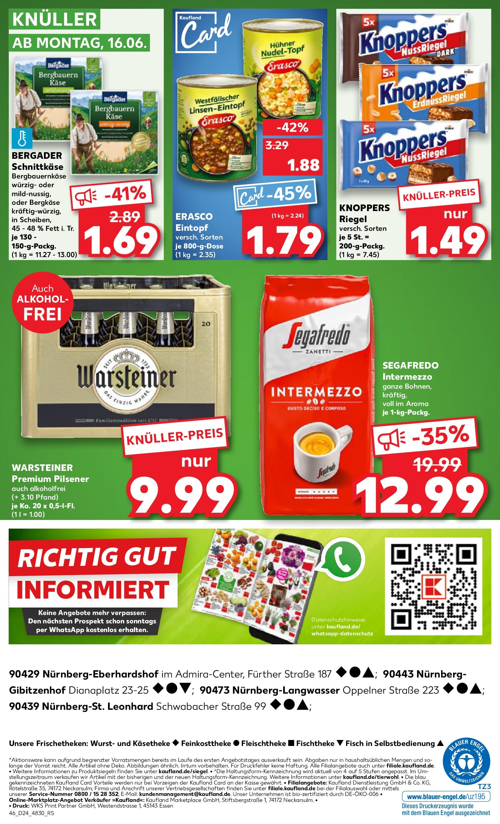 Prospekt Kaufland ab 11.06.2025 » Angebote Online zum Blättern | Seite: 46 | Produkte: Käse, Warsteiner, Knoppers, Segafredo