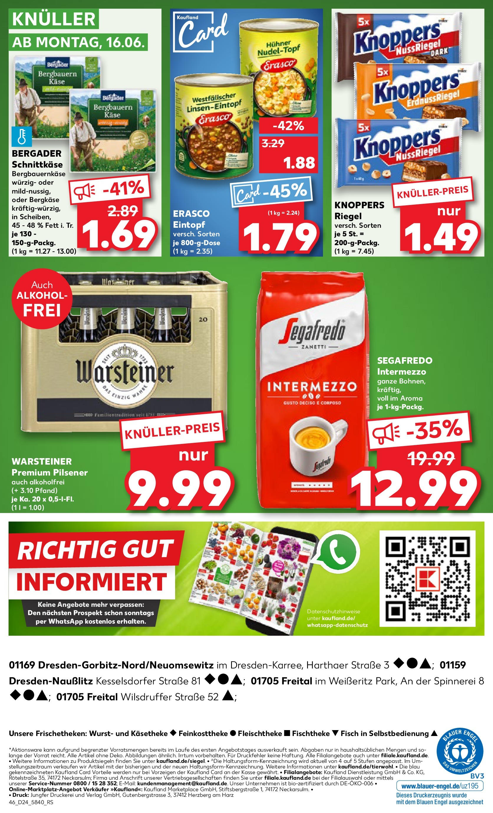 Prospekt Kaufland ab 11.06.2025 » Angebote Online zum Blättern | Seite: 46 | Produkte: Warsteiner, Knoppers, Erasco, Segafredo