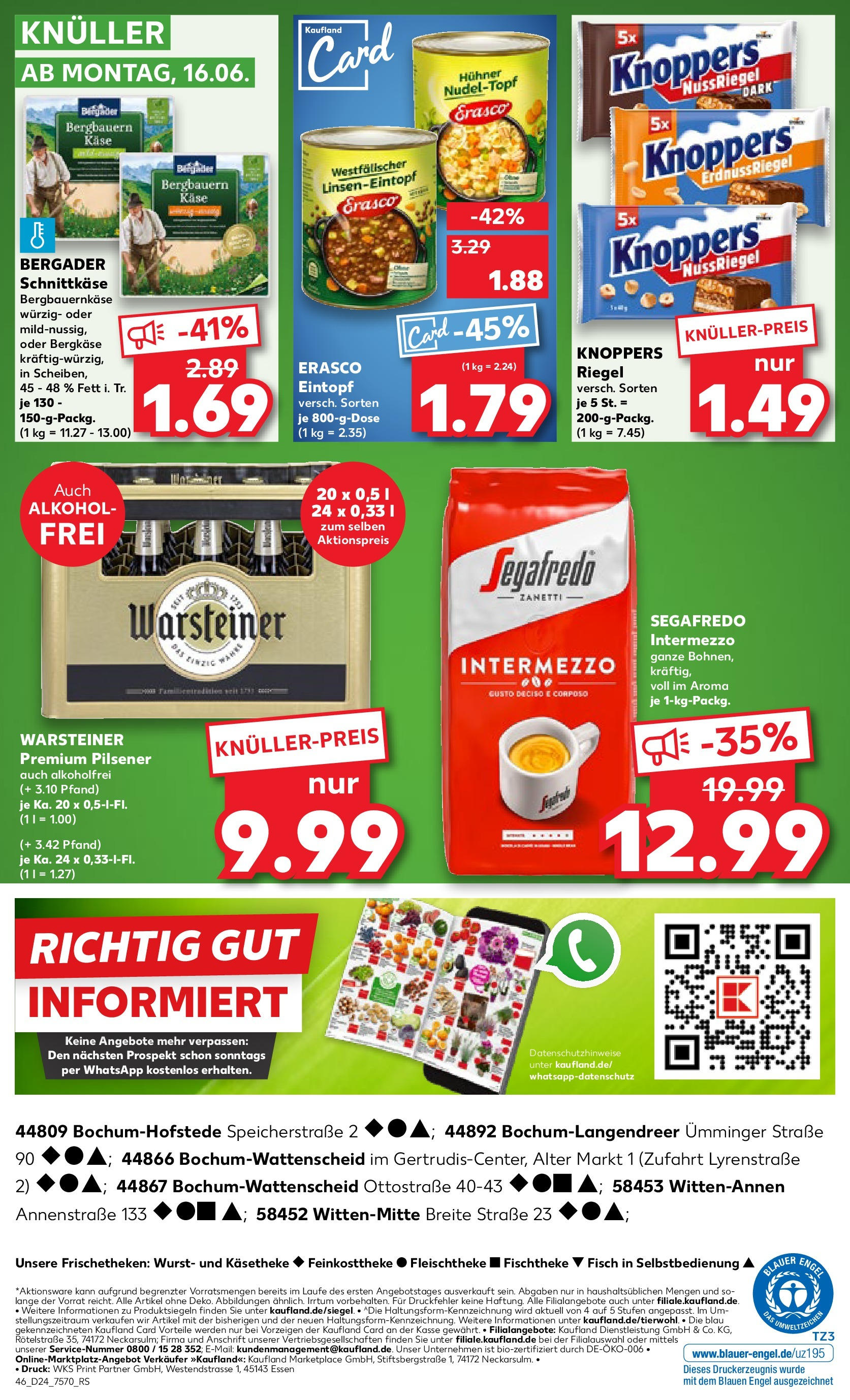 Prospekt Kaufland ab 11.06.2025 » Angebote Online zum Blättern | Seite: 46 | Produkte: Käse, Warsteiner, Knoppers, Segafredo