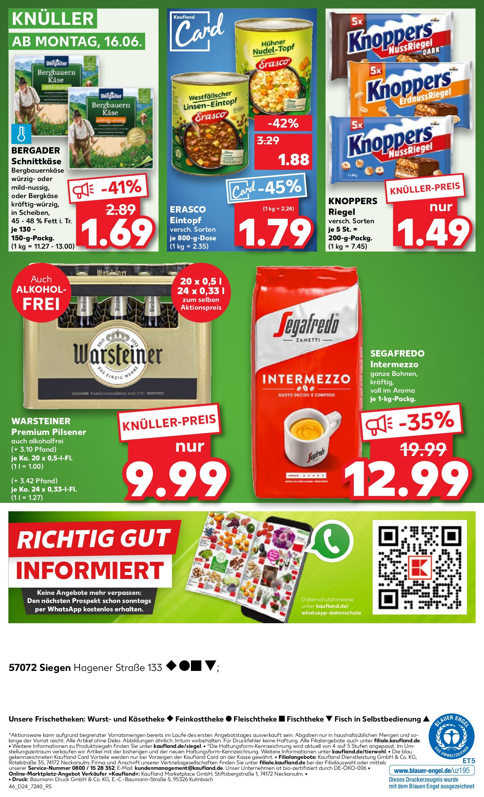 Prospekt Kaufland ab 11.06.2025 » Angebote Online zum Blättern | Seite: 46 | Produkte: Käse, Warsteiner, Knoppers, Erasco