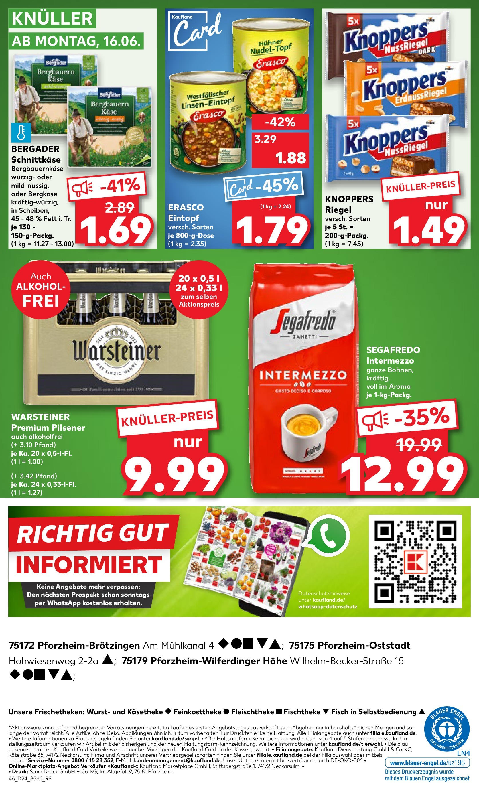 Prospekt Kaufland ab 11.06.2025 » Angebote Online zum Blättern | Seite: 46 | Produkte: Warsteiner, Wurst, Knoppers, Segafredo