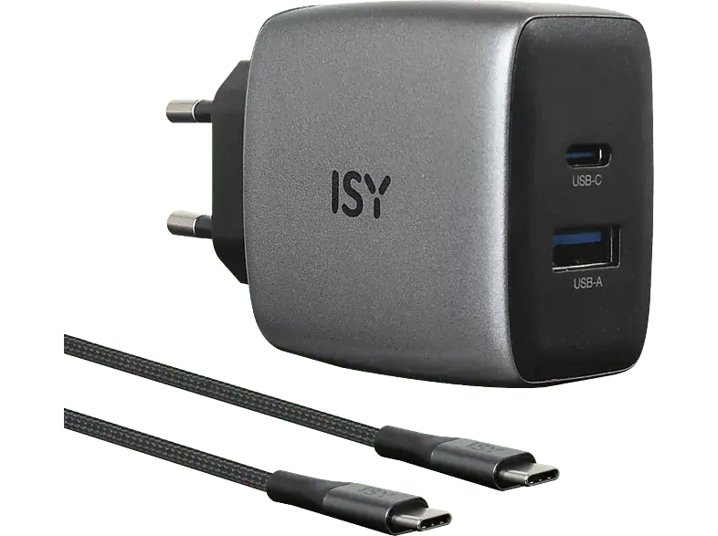 ISY IAC-4512-GY GAN Ladegerät mit Kabel, Grau