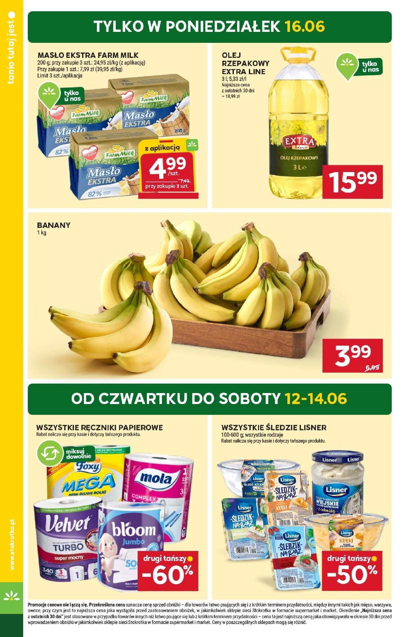 Stokrotka Gazetka 12.06.2025 - Promocje online | Strona: 4 | Produkty: Śledzie lisner, Olej rzepakowy, Ręczniki papierowe, Banany