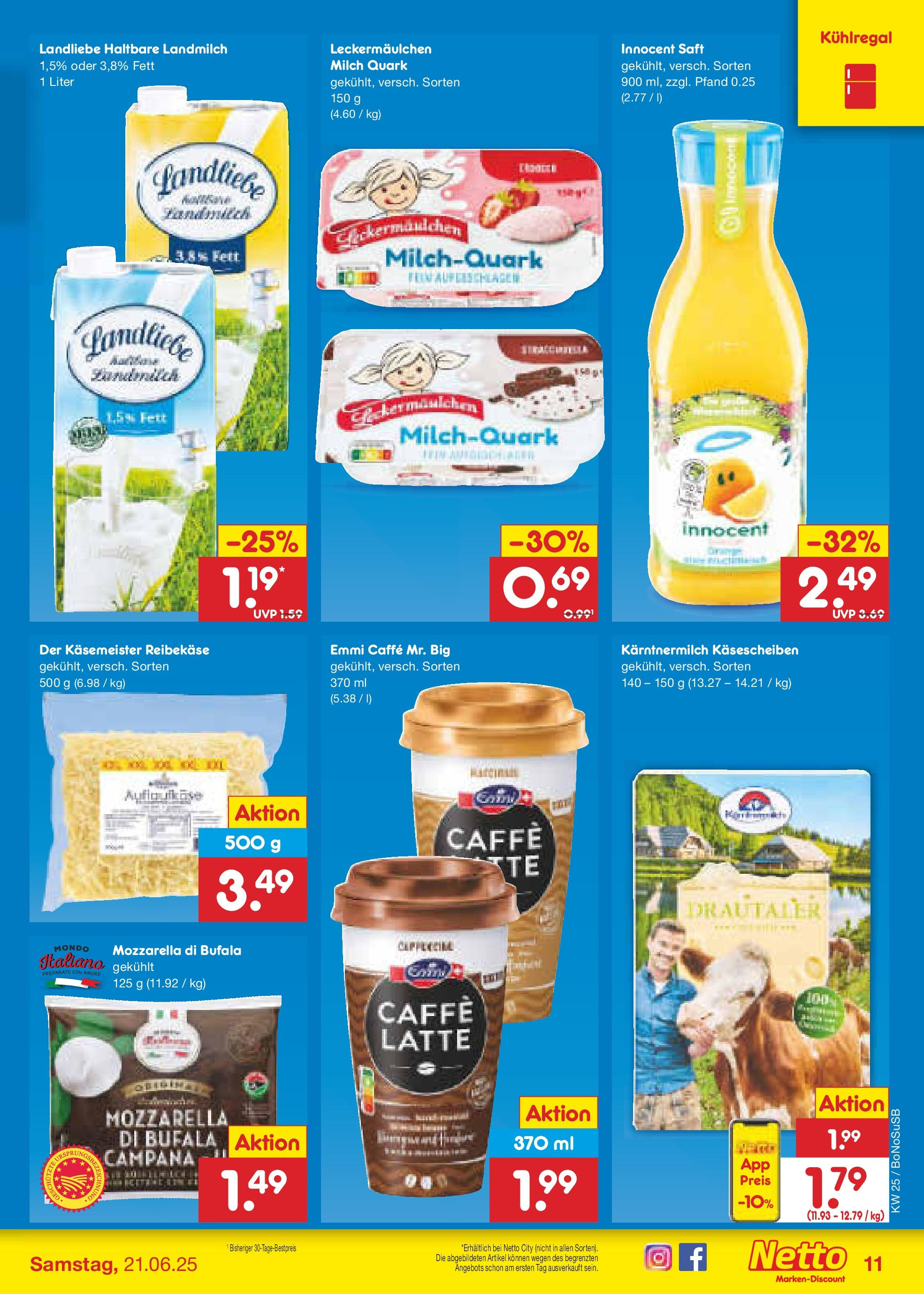 Netto Marken-Discount prospekt Herne	 (ab 15.06.2025) » Angebote | Seite: 11 | Produkte: Quark, Milch, Saft, Reibekase