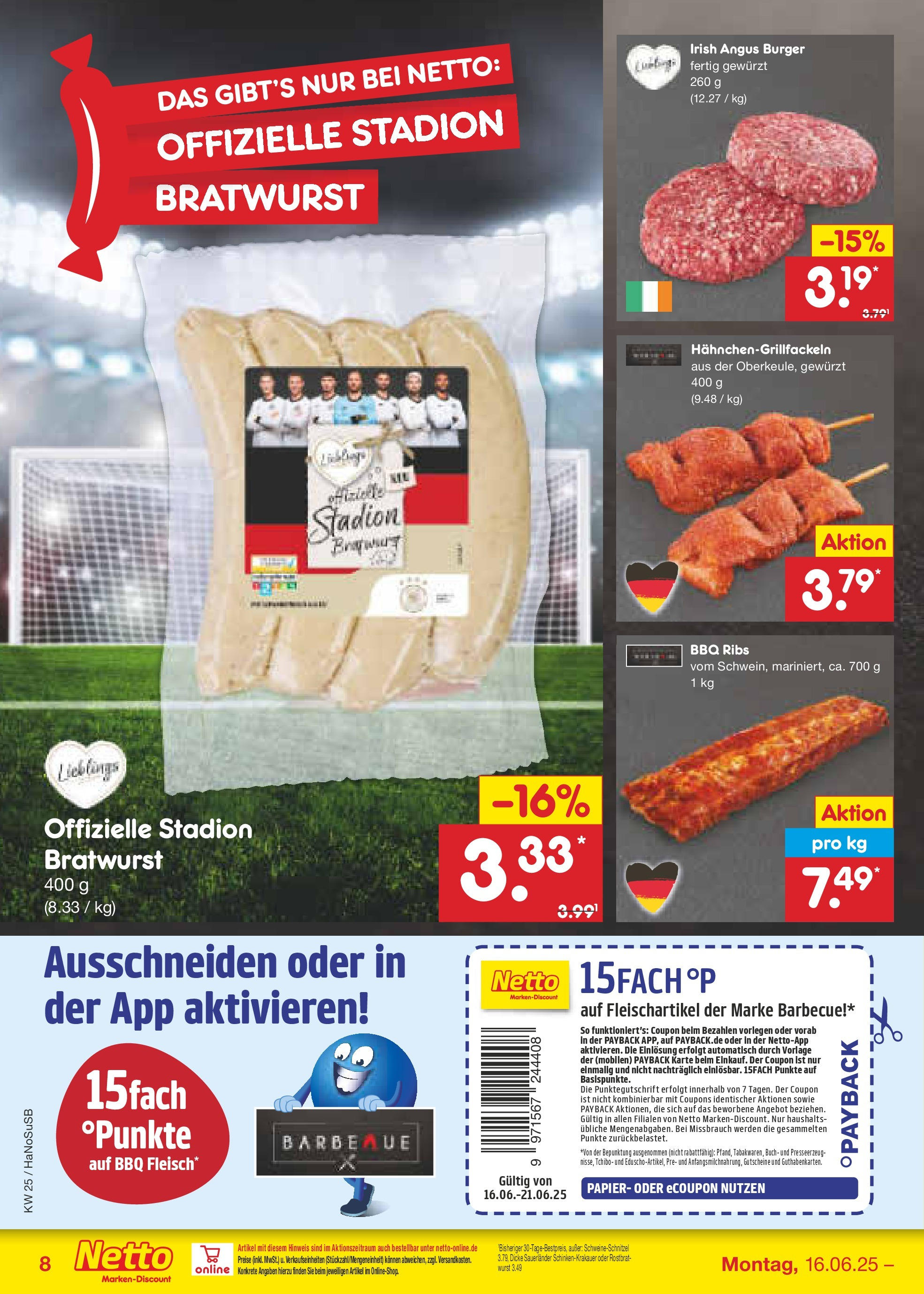Netto Marken-Discount prospekt Schwerte-Geisecke (ab 15.06.2025) » Angebote | Seite: 8 | Produkte: Bratwurst, Burger, Wurst Netto Marken-Discount prospekt Schwerte-Geisecke (ab 15.06.2025) » Angebote | Seite: 8 | Produkte: Bratwurst, Burger, Wurst