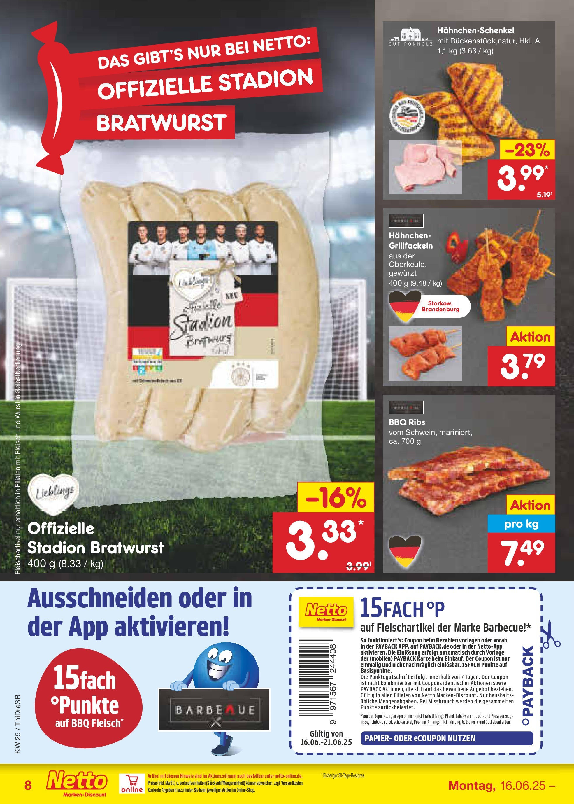 Netto Marken-Discount prospekt Dresden (ab 15.06.2025) » Angebote | Seite: 8 | Produkte: Hahnchen, Hahnchenschenkel, Bratwurst, Wurst Netto Marken-Discount prospekt Dresden (ab 15.06.2025) » Angebote | Seite: 8 | Produkte: Hahnchen, Hahnchenschenkel, Bratwurst, Wurst