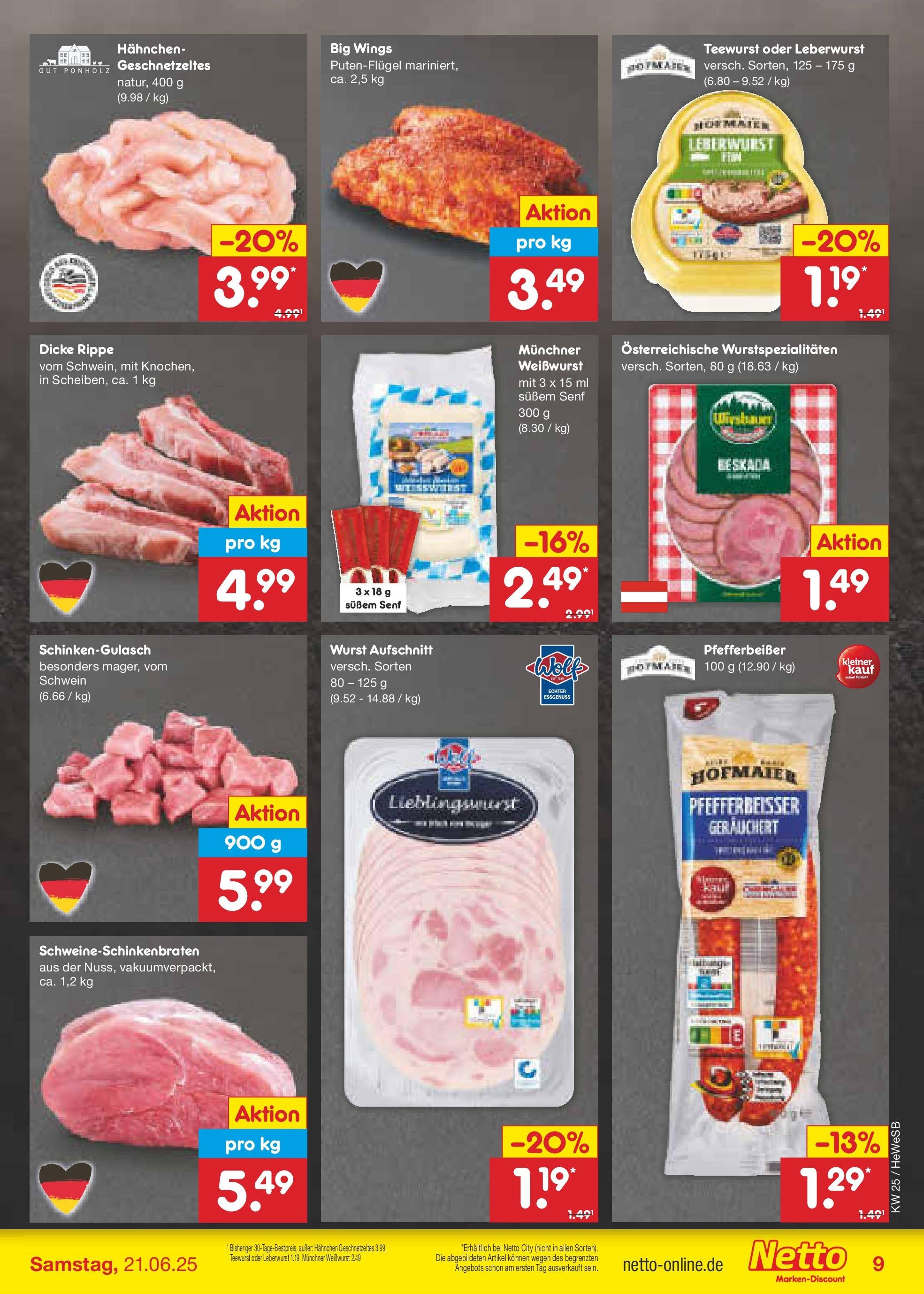 Netto Marken-Discount prospekt Brietlingen	 (ab 15.06.2025) » Angebote | Seite: 9 | Produkte: Hahnchen, Weißwurst, Wurst