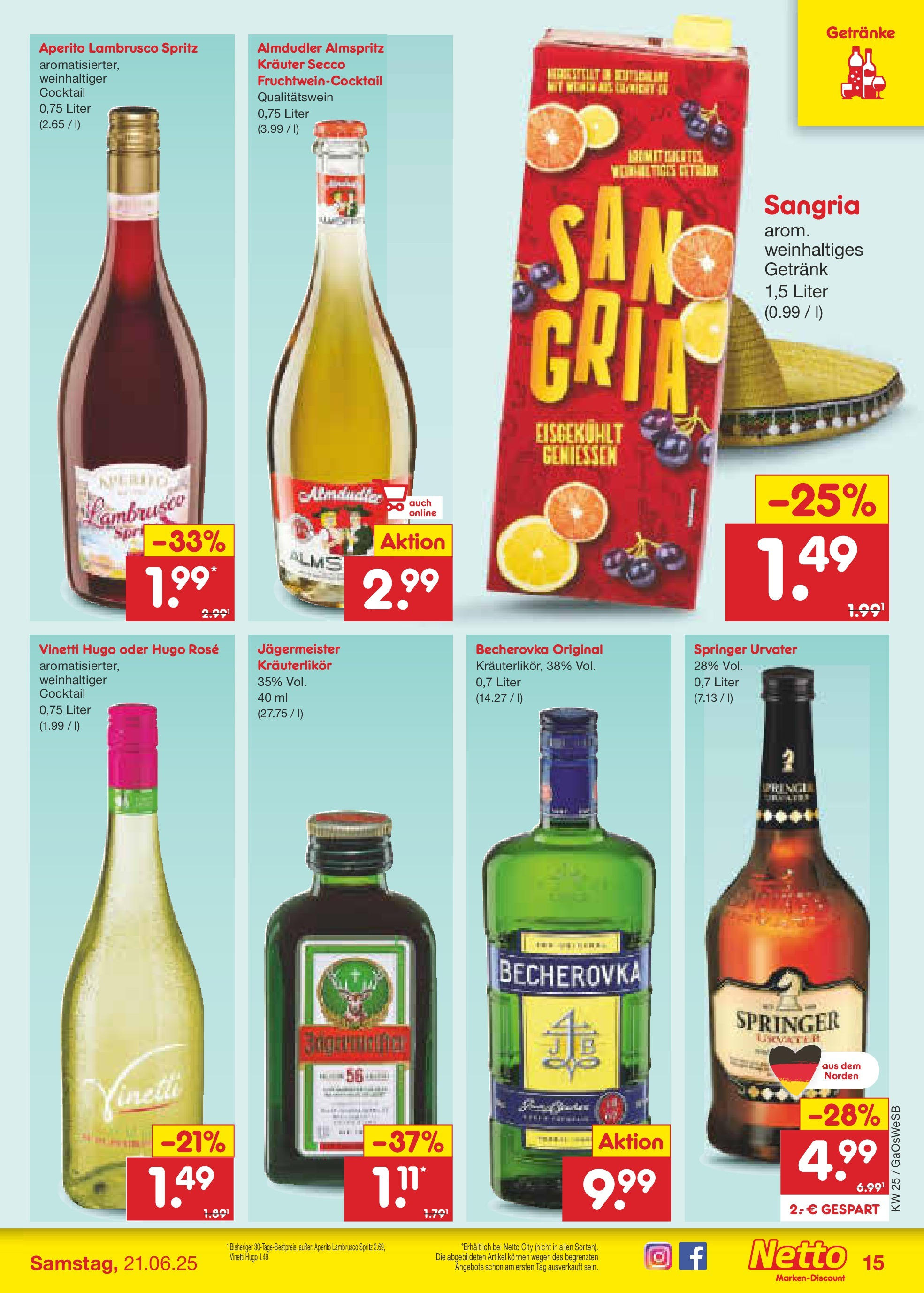 Netto Marken-Discount prospekt Bremen-Lesum (ab 15.06.2025) » Angebote | Seite: 19 | Produkte: Jägermeister, Hugo Netto Marken-Discount prospekt Bremen-Lesum (ab 15.06.2025) » Angebote | Seite: 19 | Produkte: Jägermeister, Hugo