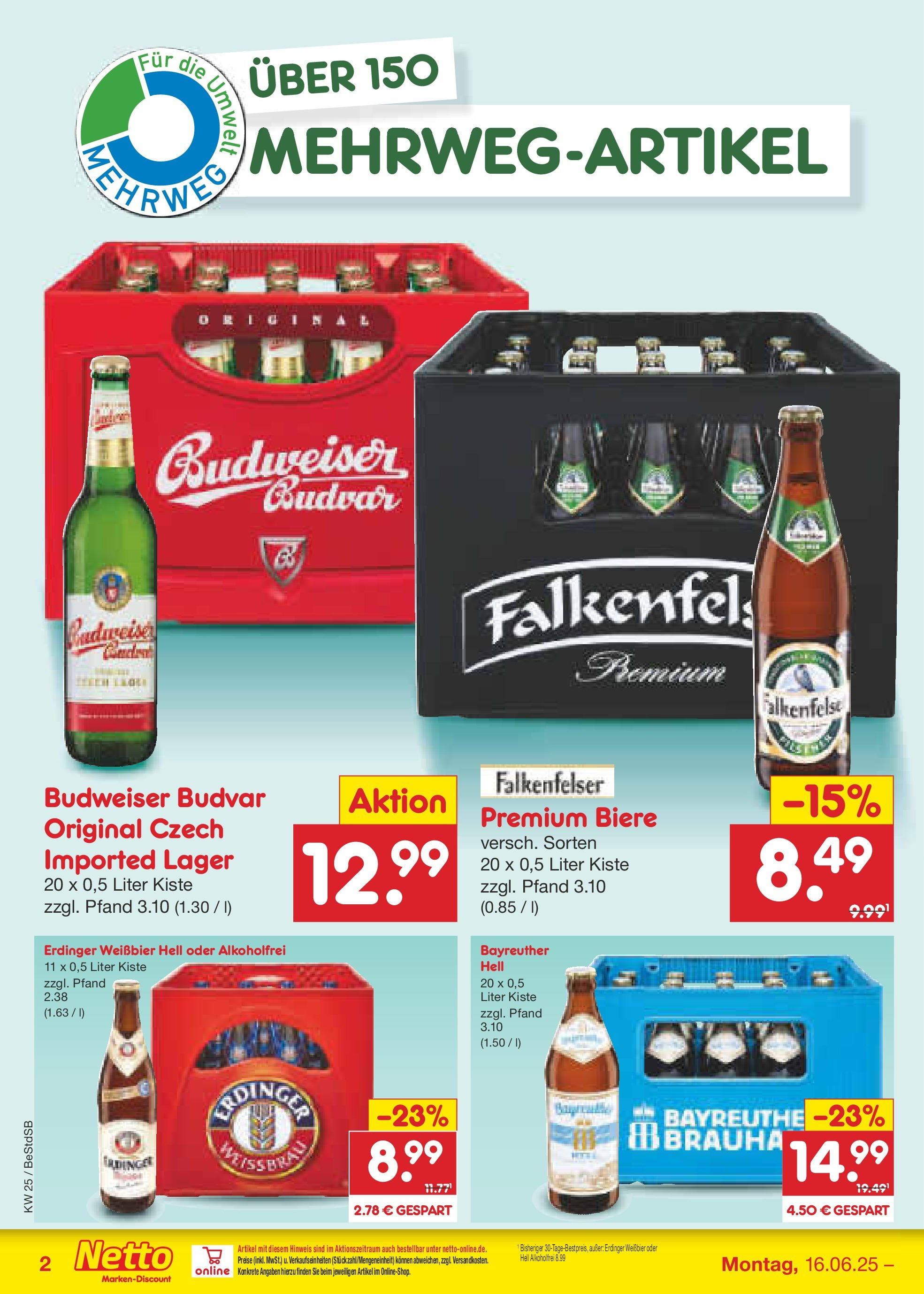 Netto Marken-Discount prospekt Berlin-Spandau (ab 15.06.2025) » Angebote | Seite: 60 | Produkte: Bayreuther hell, Erdinger, Weißbier, Budweiser Netto Marken-Discount prospekt Berlin-Spandau (ab 15.06.2025) » Angebote | Seite: 60 | Produkte: Bayreuther hell, Erdinger, Weißbier, Budweiser