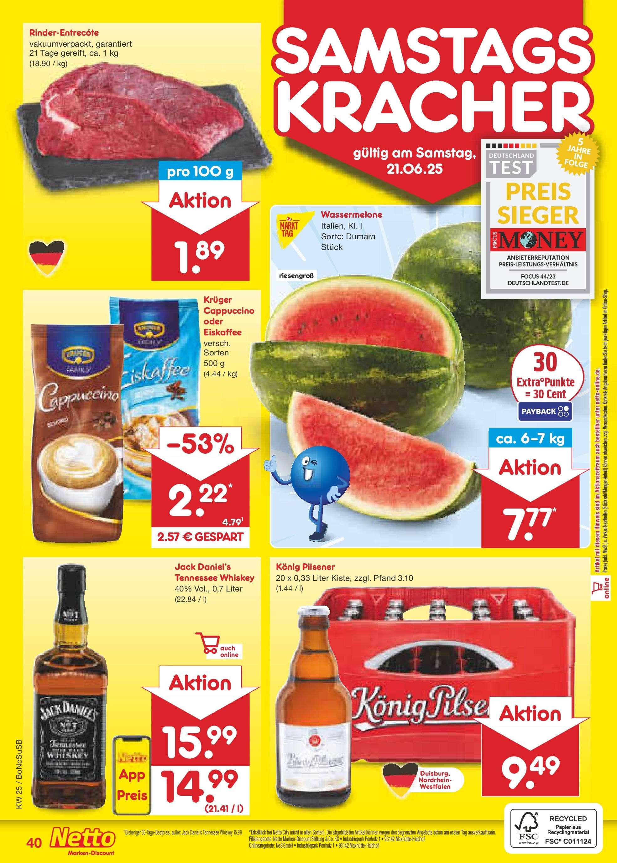 Netto Marken-Discount prospekt Herne	 (ab 15.06.2025) » Angebote | Seite: 58 | Produkte: Konig pilsener, Jack Daniel's, Wassermelone, Kruger cappuccino