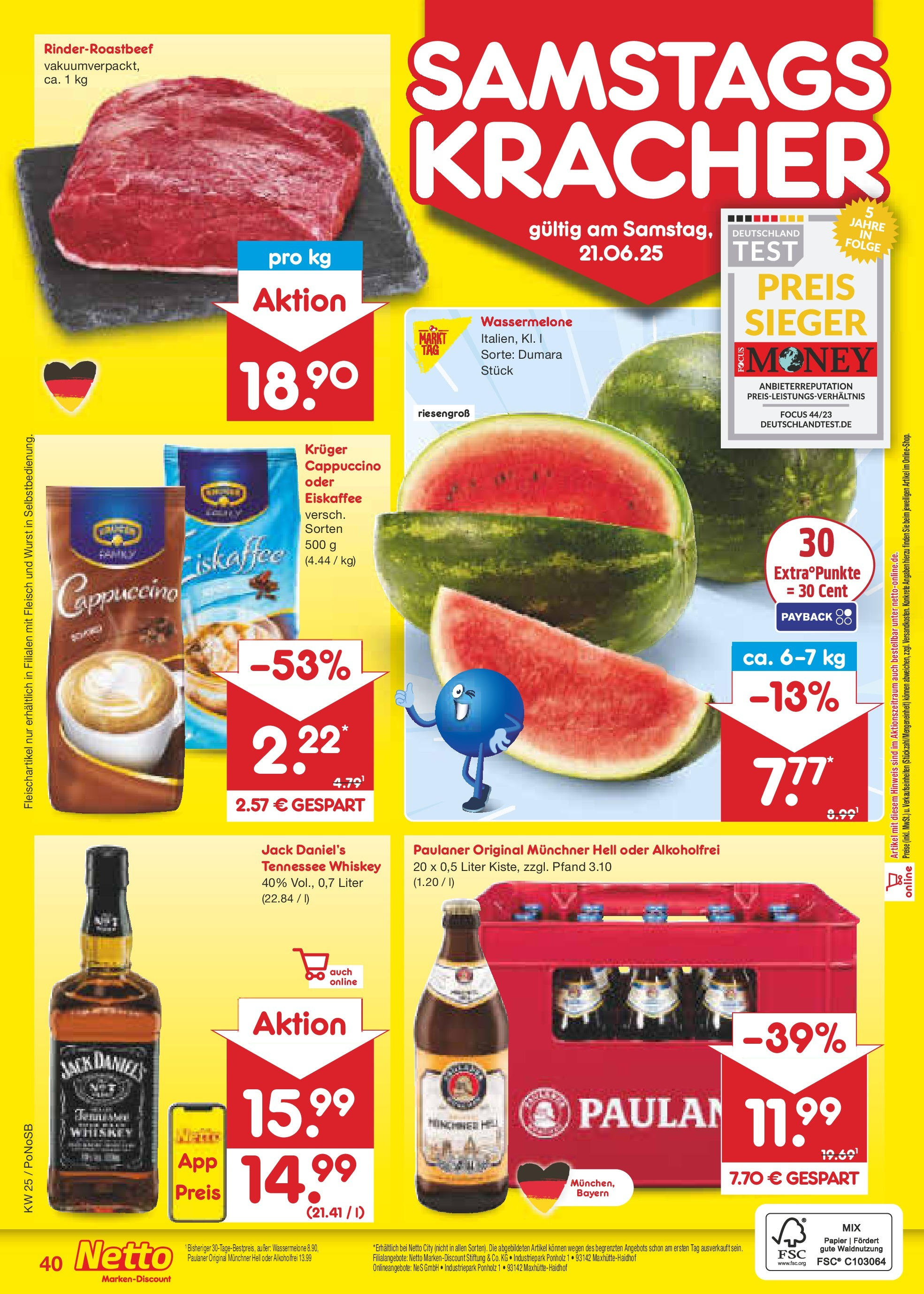 Netto Marken-Discount prospekt Amberg (ab 15.06.2025) » Angebote | Seite: 58 | Produkte: Wassermelone, Kruger cappuccino, Fleisch, Paulaner Netto Marken-Discount prospekt Amberg (ab 15.06.2025) » Angebote | Seite: 58 | Produkte: Wassermelone, Kruger cappuccino, Fleisch, Paulaner