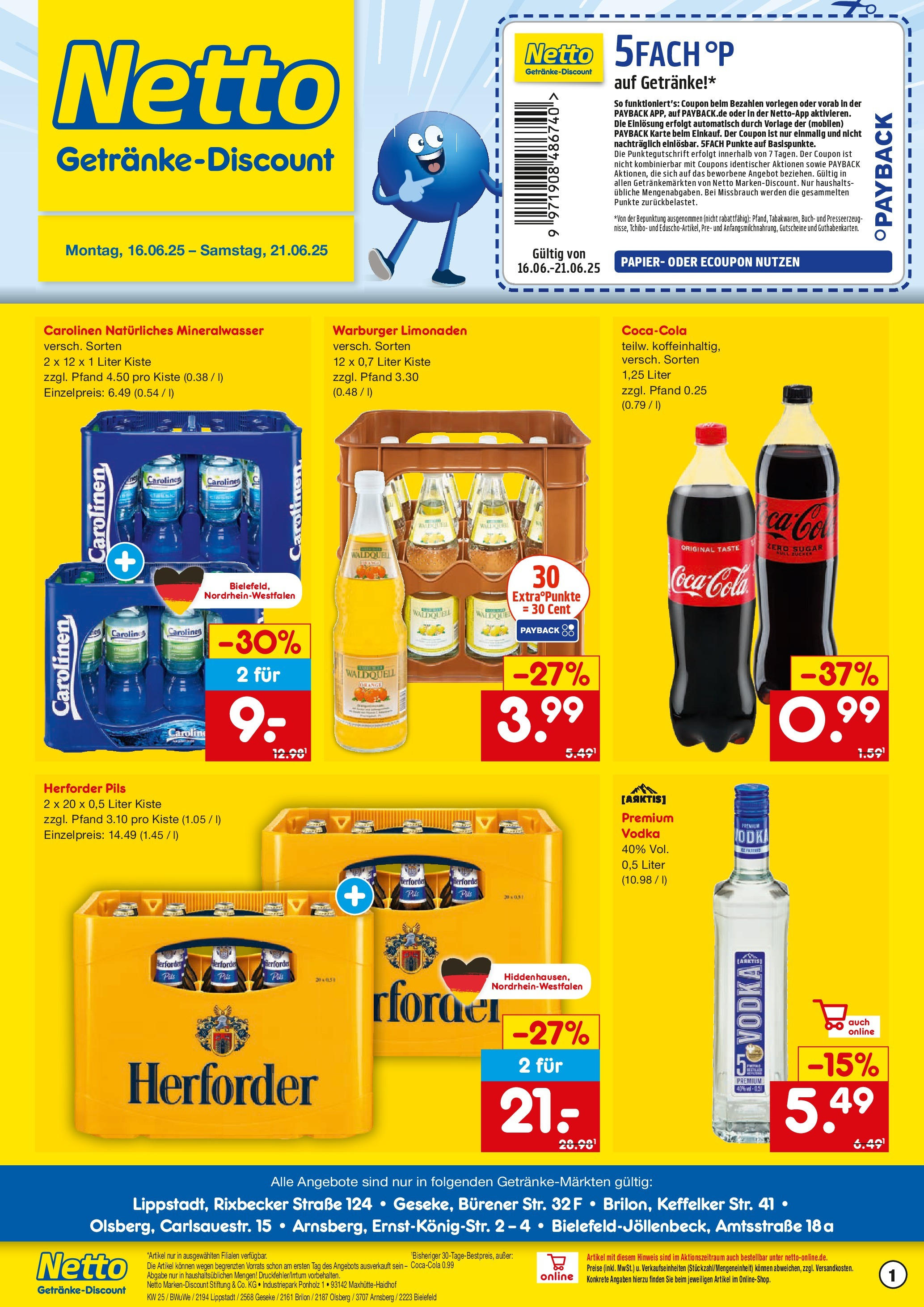 Netto Marken-Discount prospekt Olsberg	 (ab 15.06.2025) » Angebote | Seite: 1 | Produkte: Pils, Mineralwasser, Zucker, Vodka