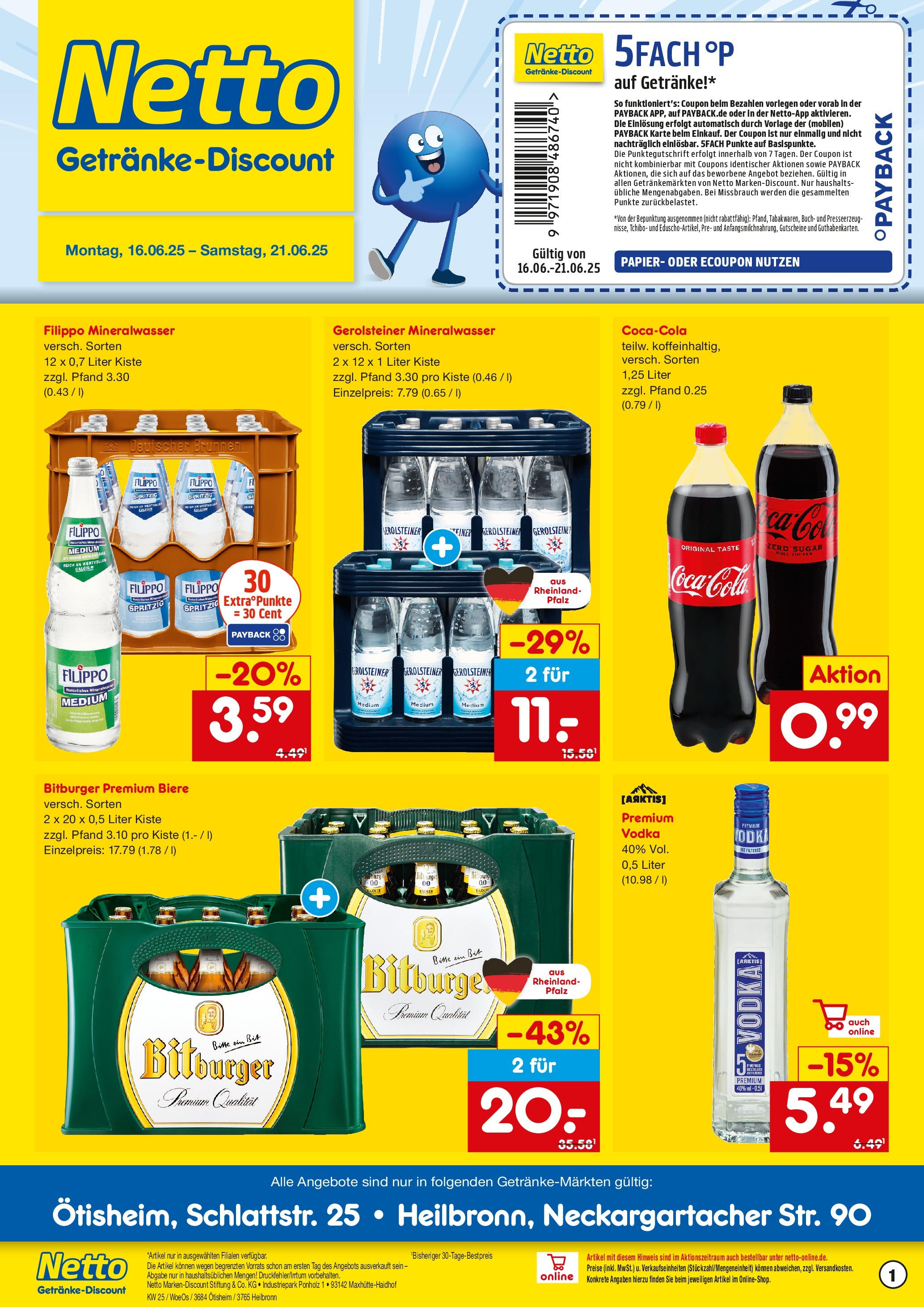 Netto Marken-Discount prospekt Heilbronn	 (ab 15.06.2025) » Angebote | Seite: 1 | Produkte: Bitburger, Mineralwasser, Vodka, Gerolsteiner