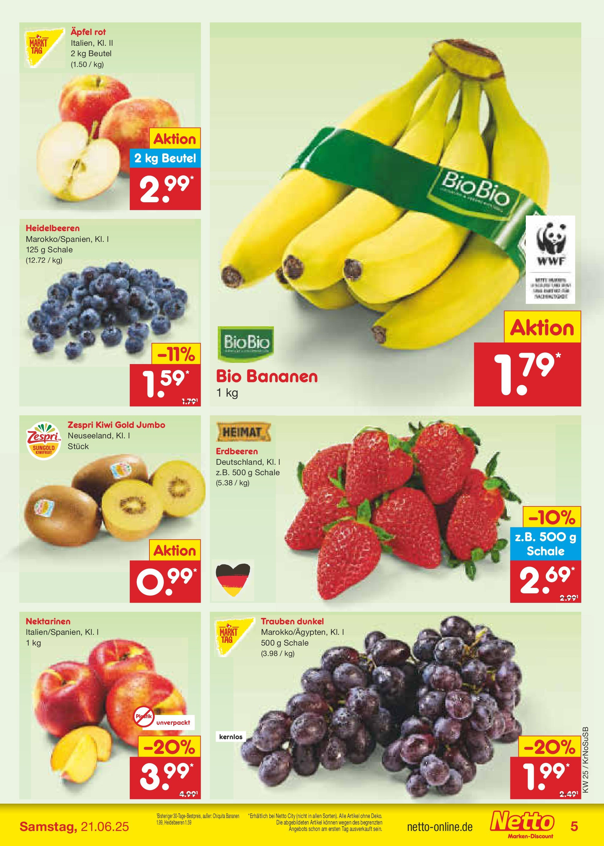 Netto Marken-Discount prospekt Jüchen (ab 15.06.2025) » Angebote | Seite: 5 | Produkte: Trauben, Äpfel, Bananen, Heidelbeeren Netto Marken-Discount prospekt Jüchen (ab 15.06.2025) » Angebote | Seite: 5 | Produkte: Trauben, Äpfel, Bananen, Heidelbeeren