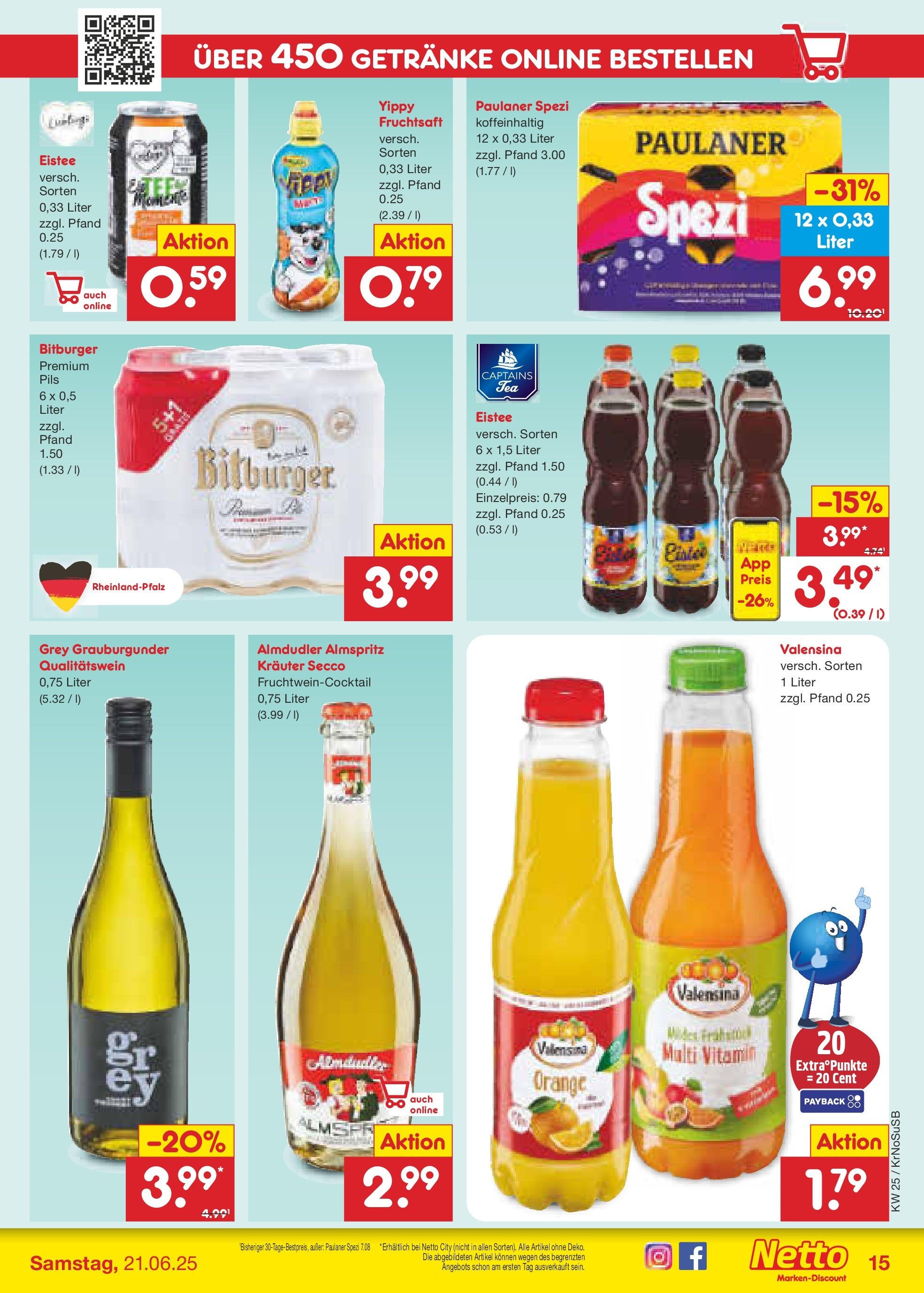 Netto Marken-Discount prospekt Jüchen (ab 15.06.2025) » Angebote | Seite: 19 | Produkte: Bitburger, Paulaner spezi, Pils, Valensina Netto Marken-Discount prospekt Jüchen (ab 15.06.2025) » Angebote | Seite: 19 | Produkte: Bitburger, Paulaner spezi, Pils, Valensina