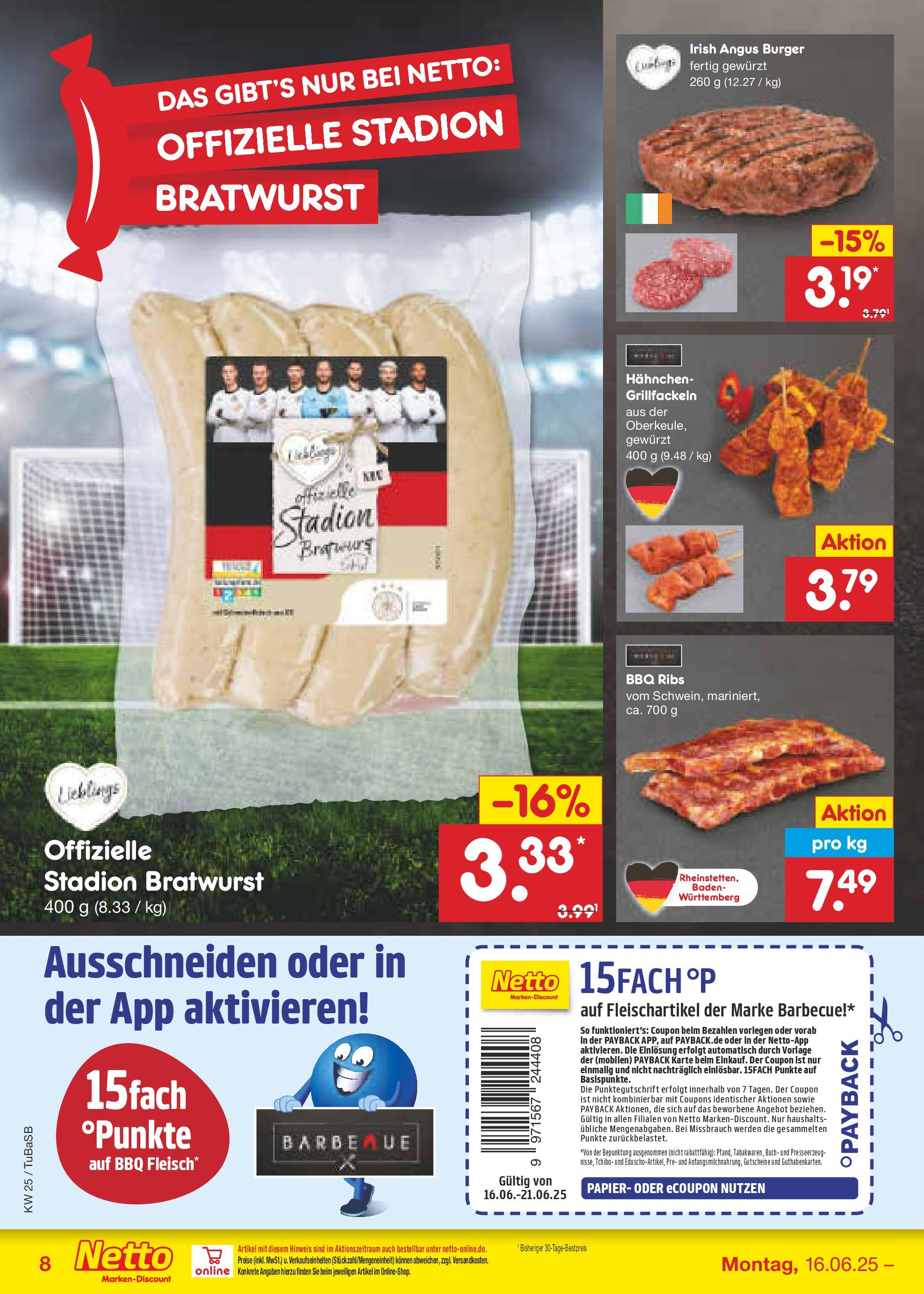 Netto Marken-Discount prospekt Lahr-Langenwinkel (ab 15.06.2025) » Angebote | Seite: 8 | Produkte: Hahnchen, Bratwurst, Burger Netto Marken-Discount prospekt Lahr-Langenwinkel (ab 15.06.2025) » Angebote | Seite: 8 | Produkte: Hahnchen, Bratwurst, Burger