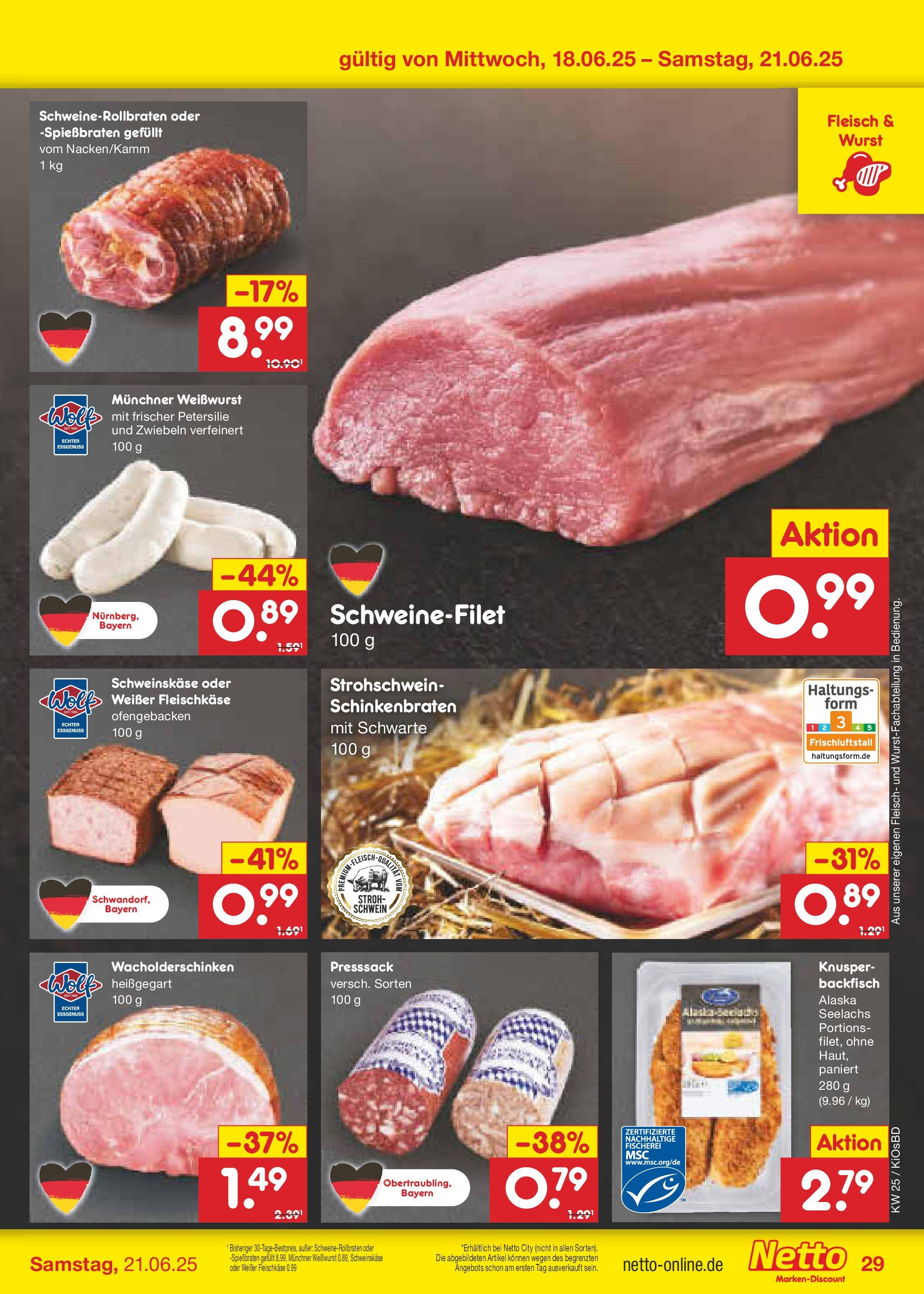 Netto Marken-Discount prospekt Mistelbach	 (ab 15.06.2025) » Angebote | Seite: 41 | Produkte: Weißwurst, Schweinefilet, Zwiebeln, Fleisch