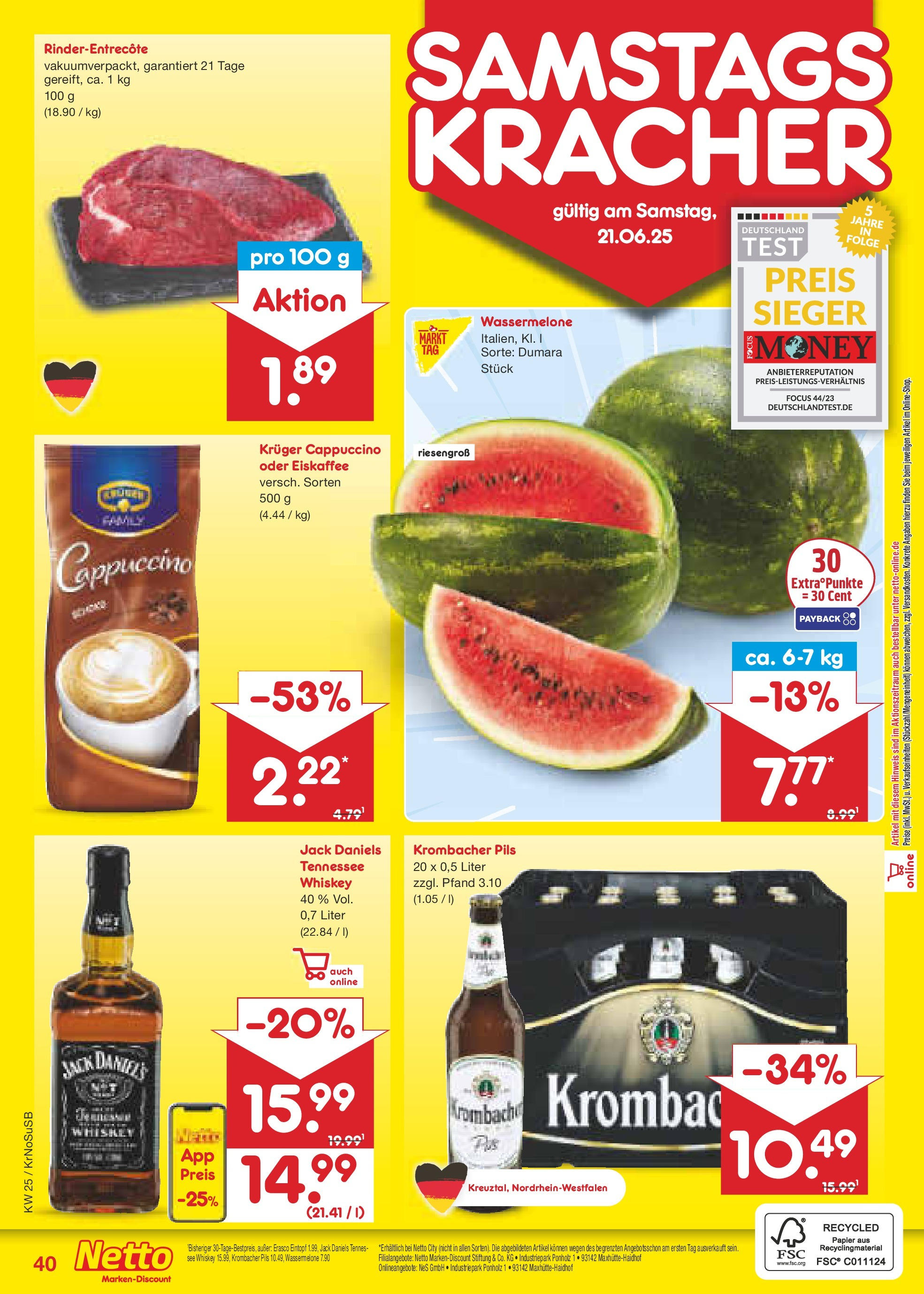 Netto Marken-Discount prospekt Jüchen (ab 15.06.2025) » Angebote | Seite: 58 | Produkte: Pils, Jack Daniel's, Entrecote, Wassermelone Netto Marken-Discount prospekt Jüchen (ab 15.06.2025) » Angebote | Seite: 58 | Produkte: Pils, Jack Daniel's, Entrecote, Wassermelone