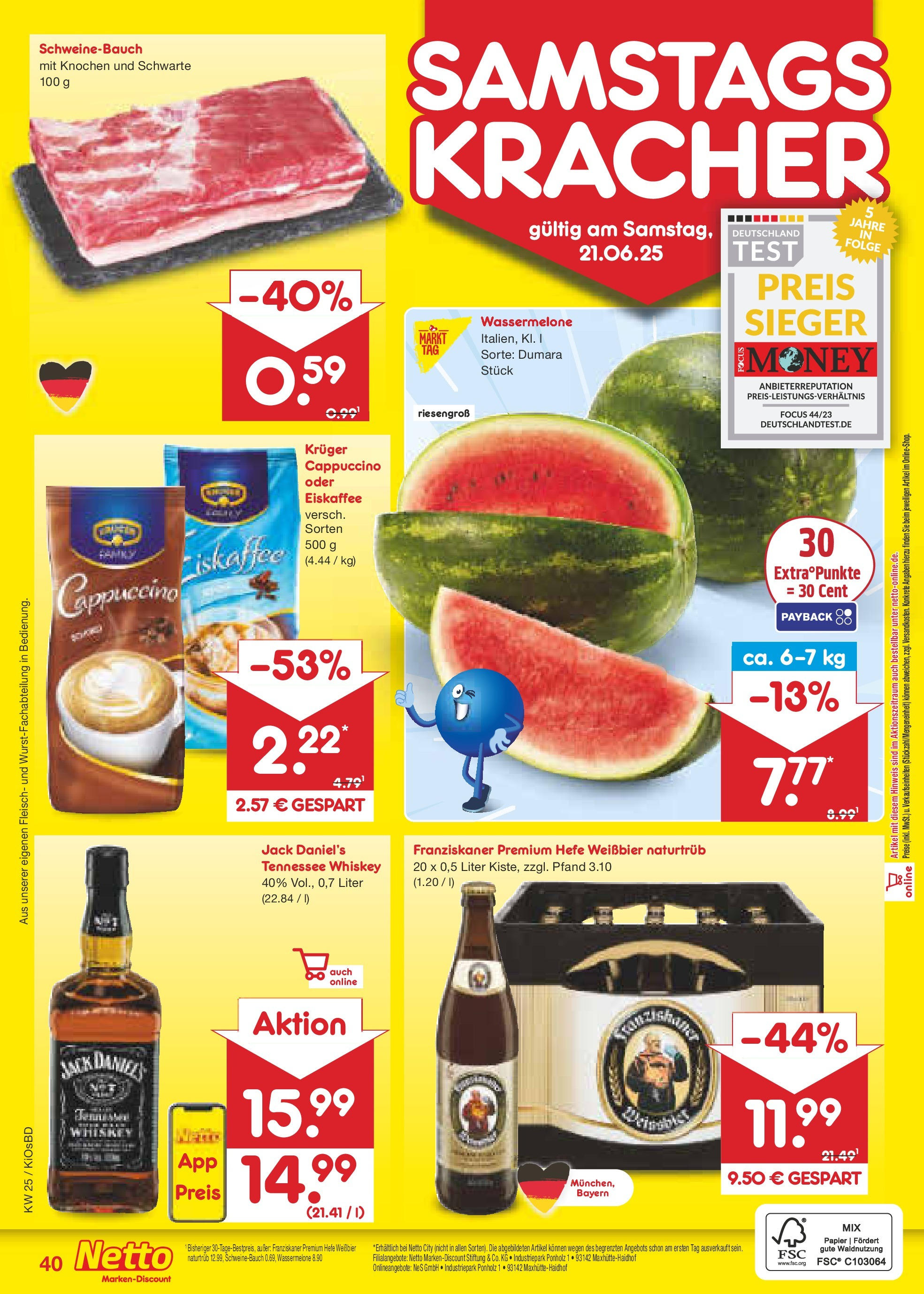 Netto Marken-Discount prospekt Mistelbach	 (ab 15.06.2025) » Angebote | Seite: 58 | Produkte: Schweinebauch, Wassermelone, Fleisch, Whiskey