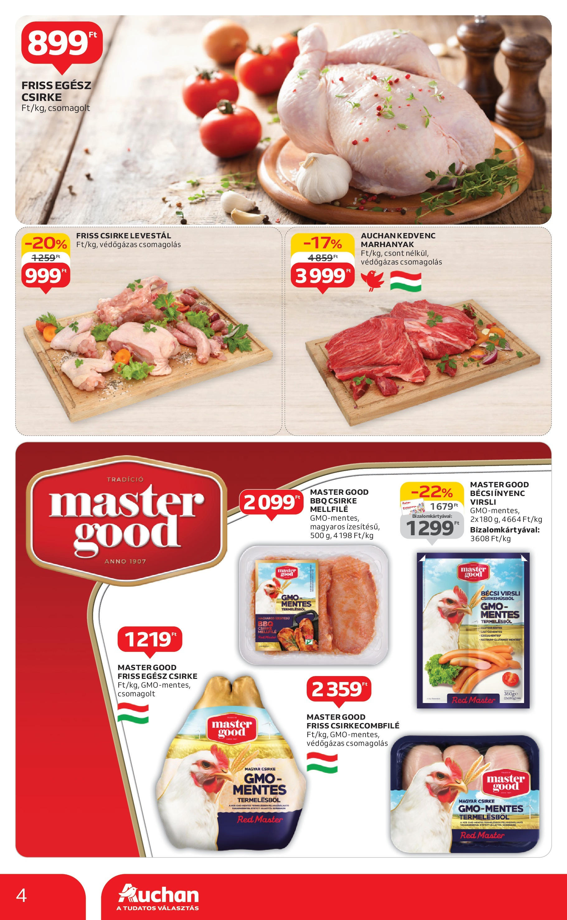 Auchan Akciós újság - 2025.06.12. -tól/töl > akció, lapozható szórólap 🛍️ | Oldal: 4 | Termékek: Virsli, Egész csirke, Csirkecombfile