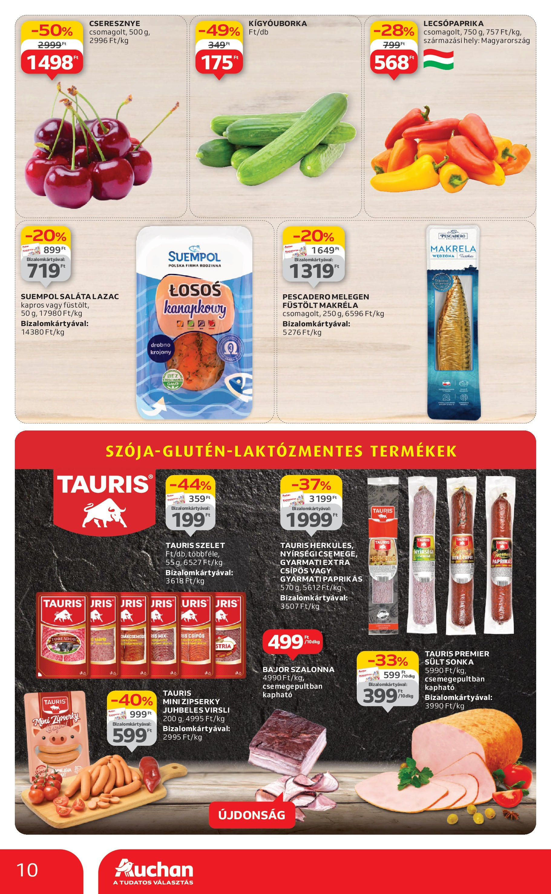 Auchan Akciós újság - 2025.06.12. -tól/töl > akció, lapozható szórólap 🛍️ | Oldal: 10 | Termékek: Lecsópaprika, Cseresznye, Makréla, Füstölt makréla