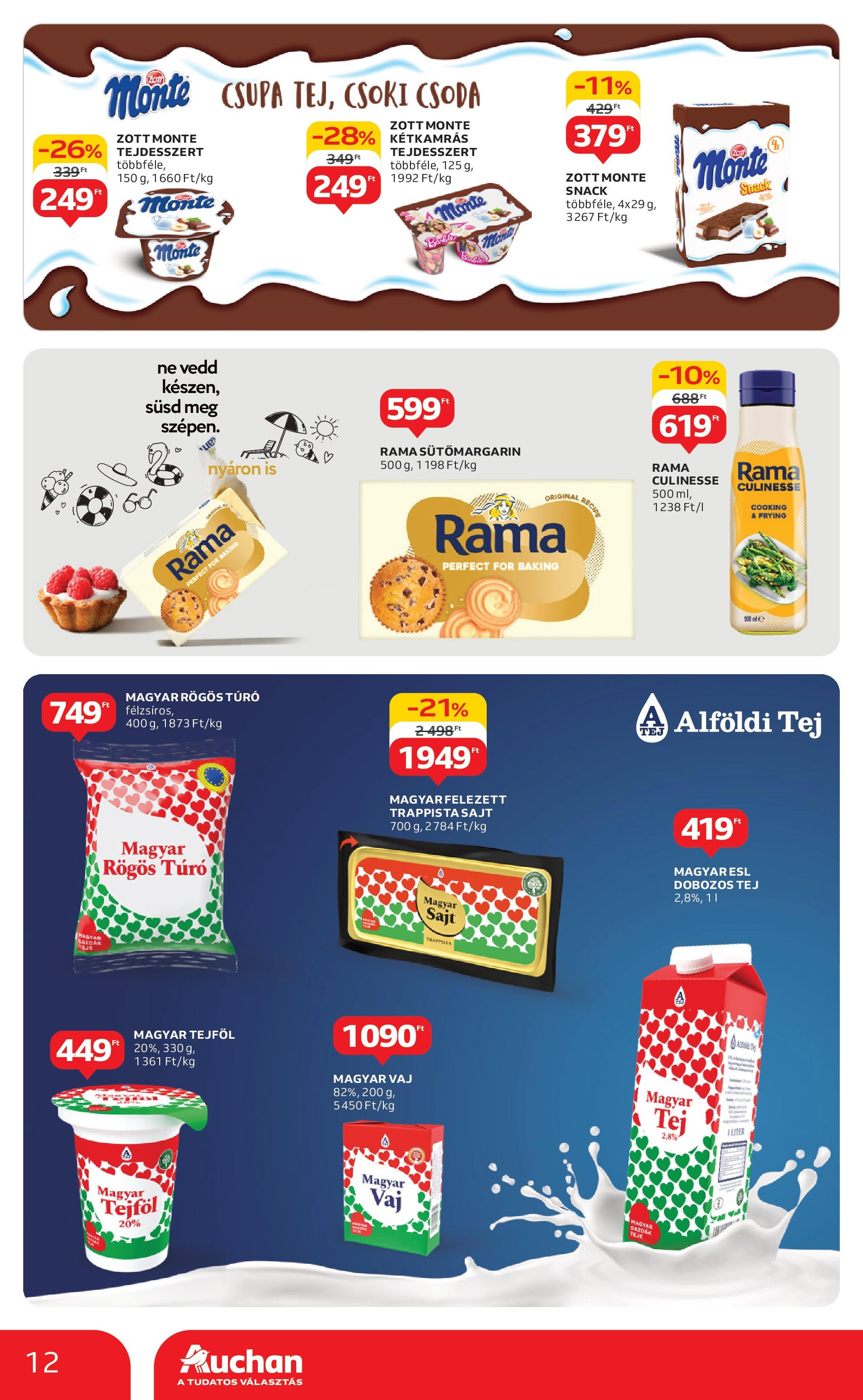 Auchan Akciós újság - 2025.06.12. -tól/töl > akció, lapozható szórólap 🛍️ | Oldal: 12 | Termékek: Cottage cheese, Rögös túró, Tej, Trappista sajt