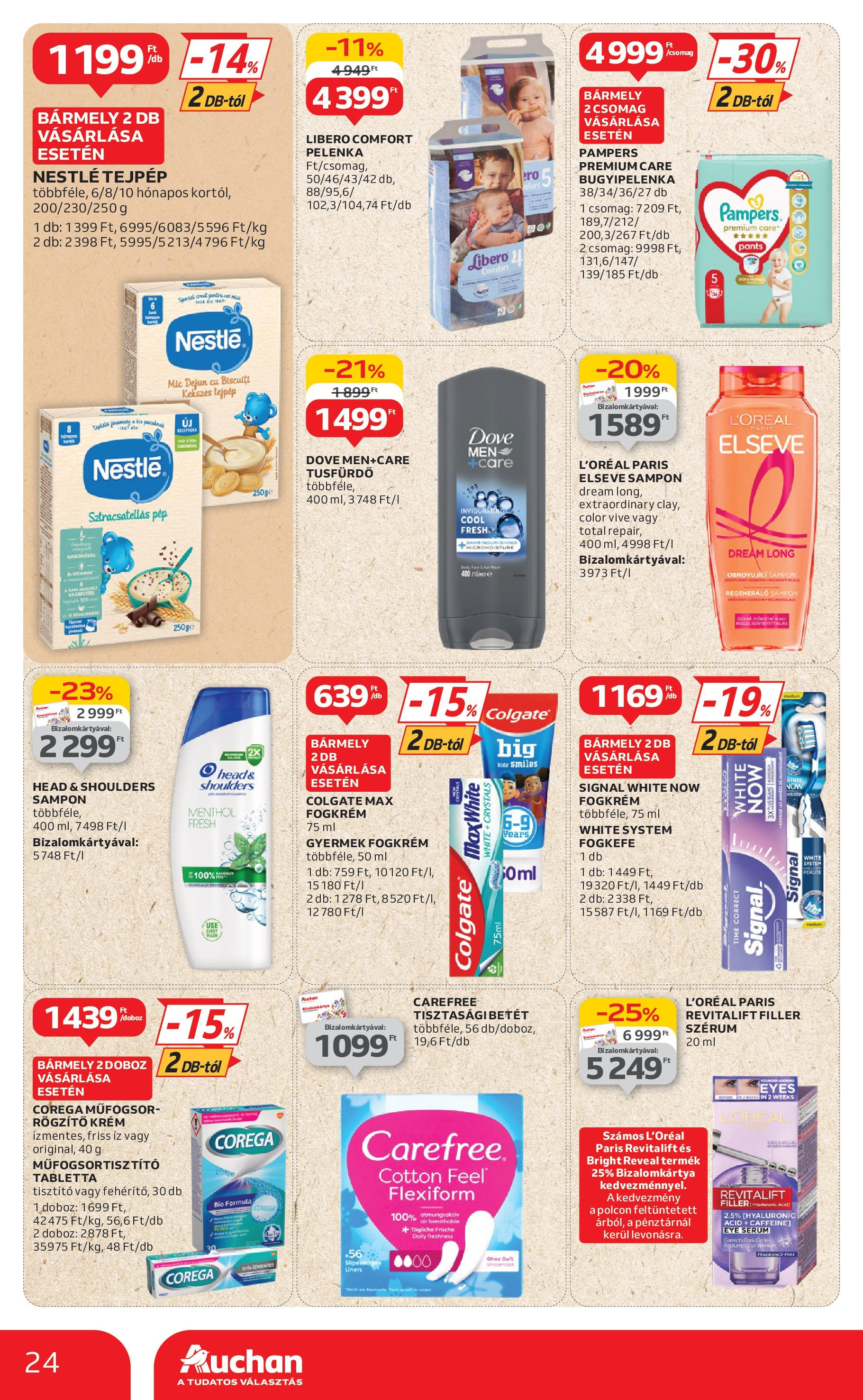Auchan Akciós újság - 2025.06.12. -tól/töl > akció, lapozható szórólap 🛍️ | Oldal: 24 | Termékek: Tisztasági betét, Doboz, Fogkrém, Fogkefe