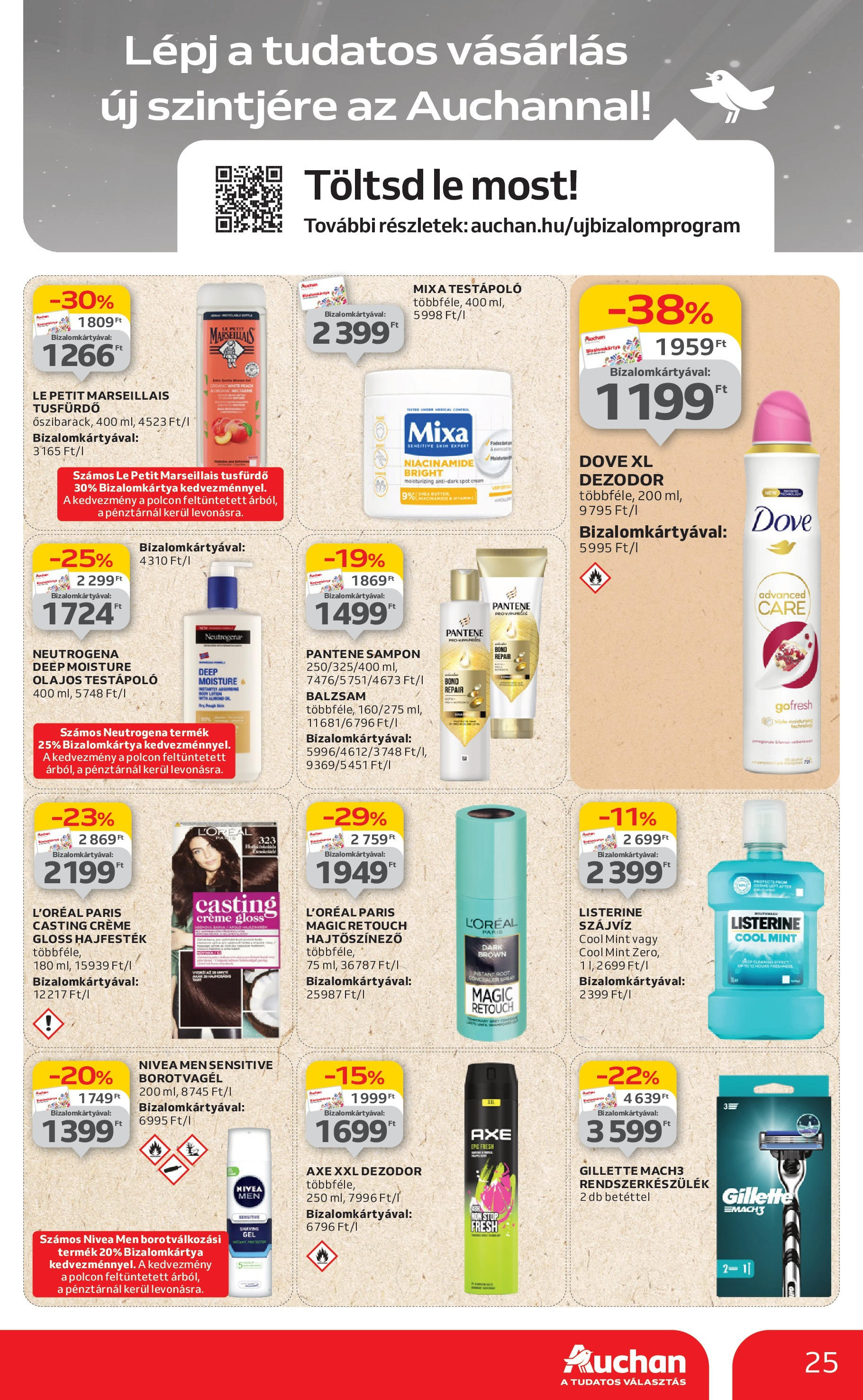 Auchan Akciós újság - 2025.06.12. -tól/töl > akció, lapozható szórólap 🛍️ | Oldal: 25 | Termékek: Hajfesték, Sampon, Testápoló, Szájvíz