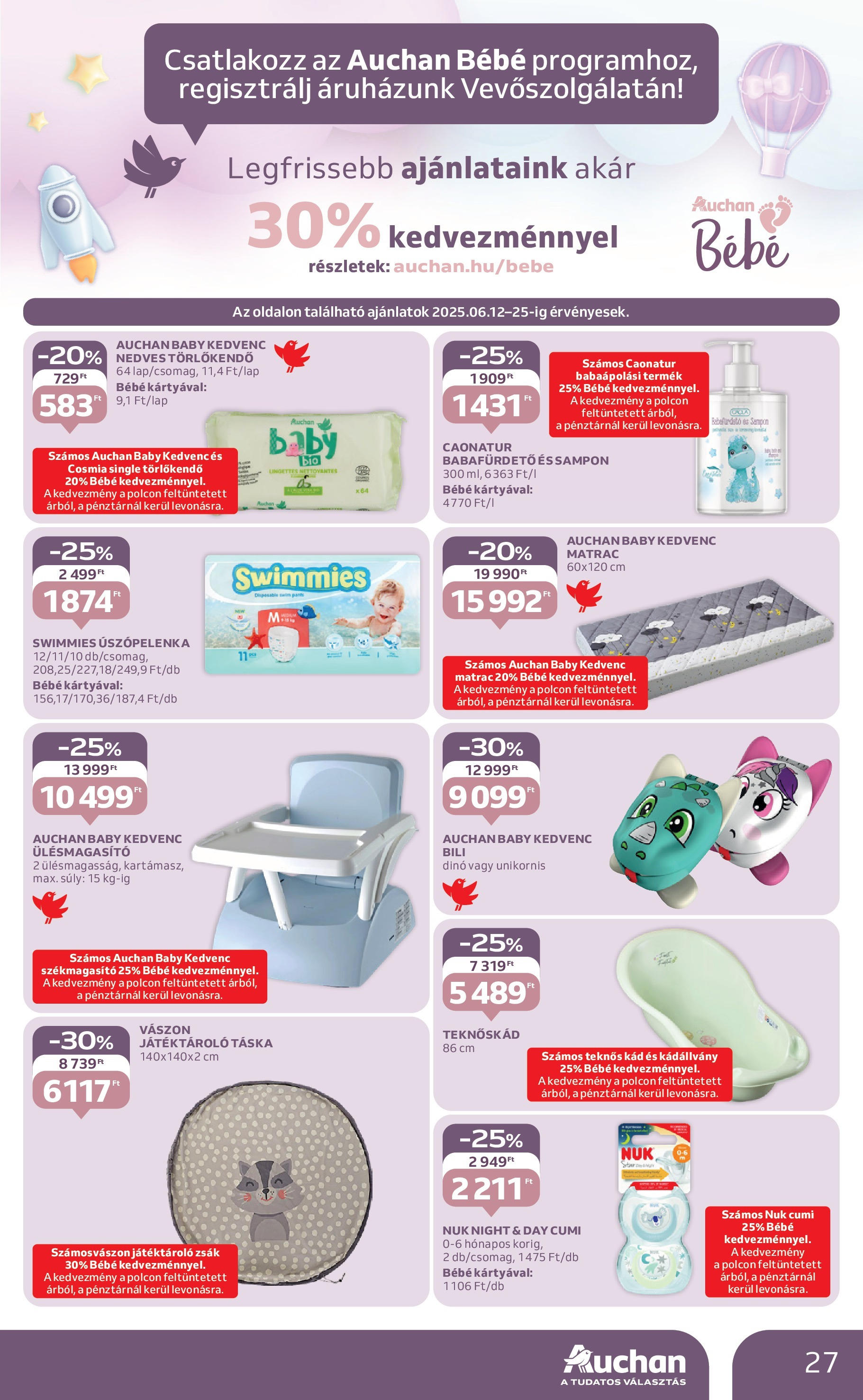 Auchan Akciós újság - 2025.06.12. -tól/töl > akció, lapozható szórólap 🛍️ | Oldal: 27 | Termékek: Törlőkendő, Matrac, Nedves törlőkendő, Sampon