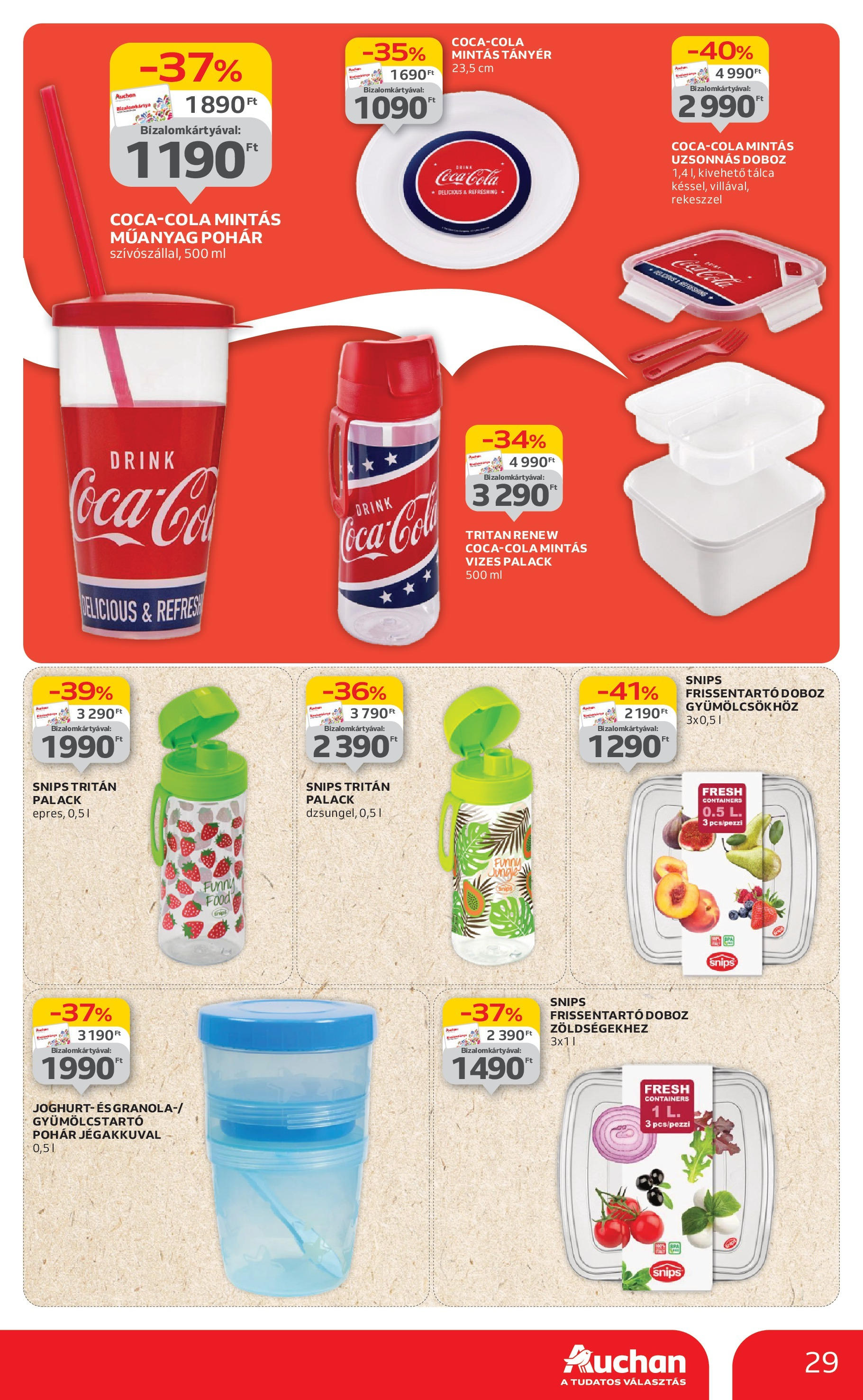 Auchan Akciós újság - 2025.06.12. -tól/töl > akció, lapozható szórólap 🛍️ | Oldal: 29 | Termékek: Cola, Joghurt, Pohár, Frissentartó doboz