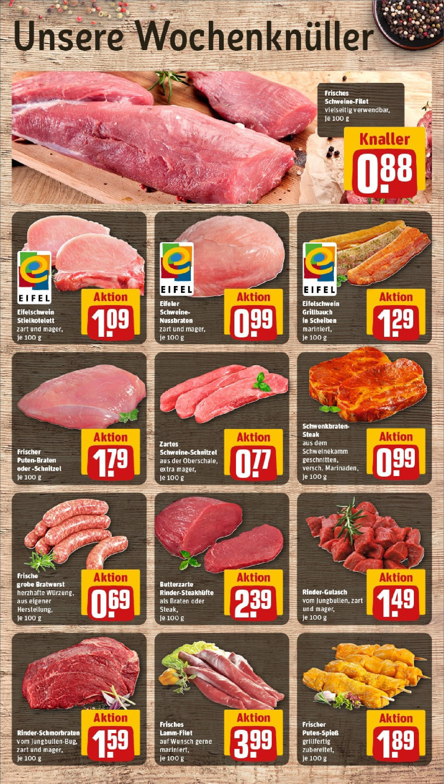 REWE Prospekt ab 15.06.2025 zum Blättern » Angebote | Seite: 8 | Produkte: Rindergulasch, Bratwurst, Schnitzel, Steak