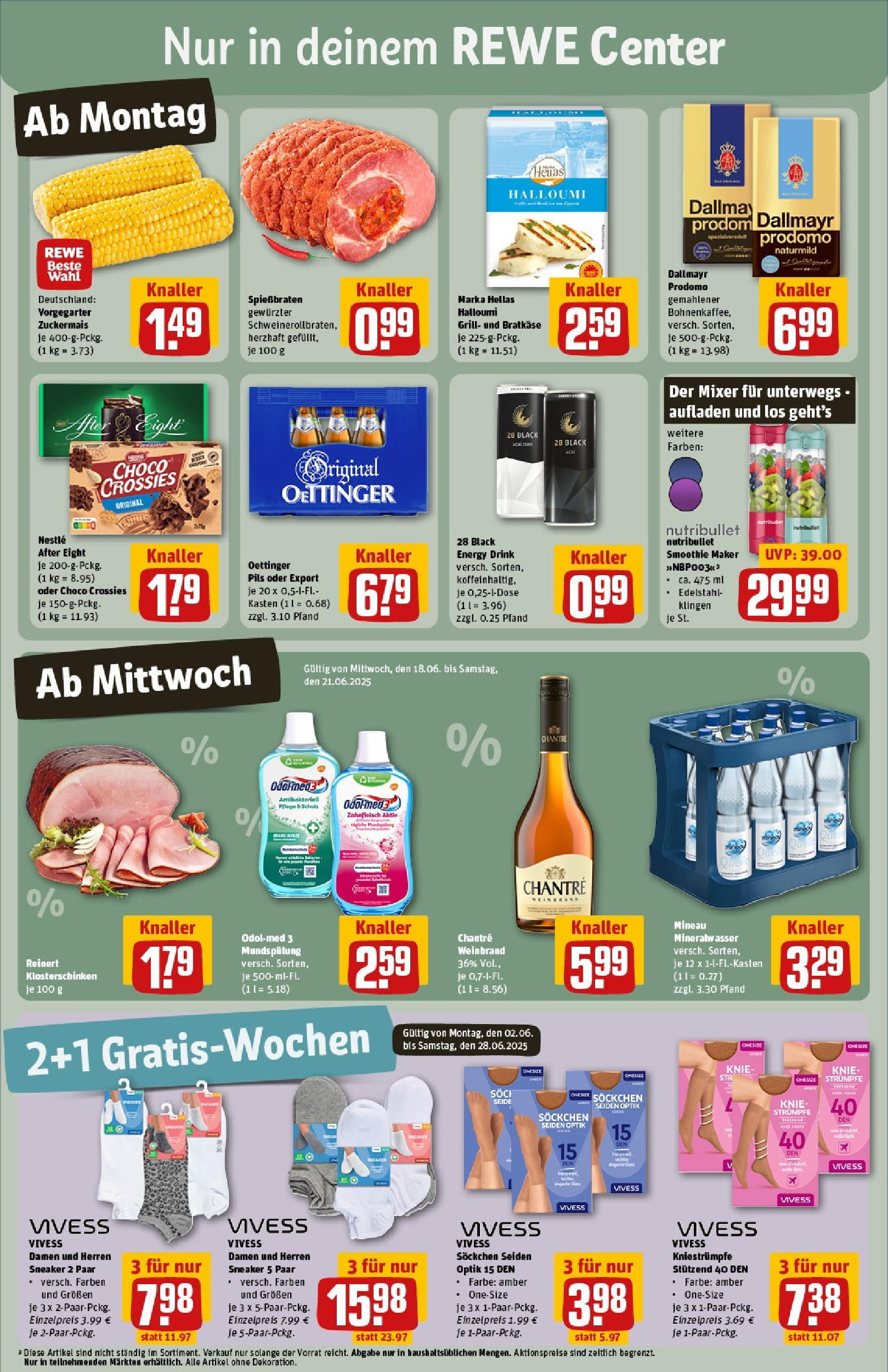 REWE Prospekt ab 15.06.2025 zum Blättern » Angebote | Seite: 3 | Produkte: Kniestrümpfe, Energy, Mineralwasser, Dallmayr prodomo