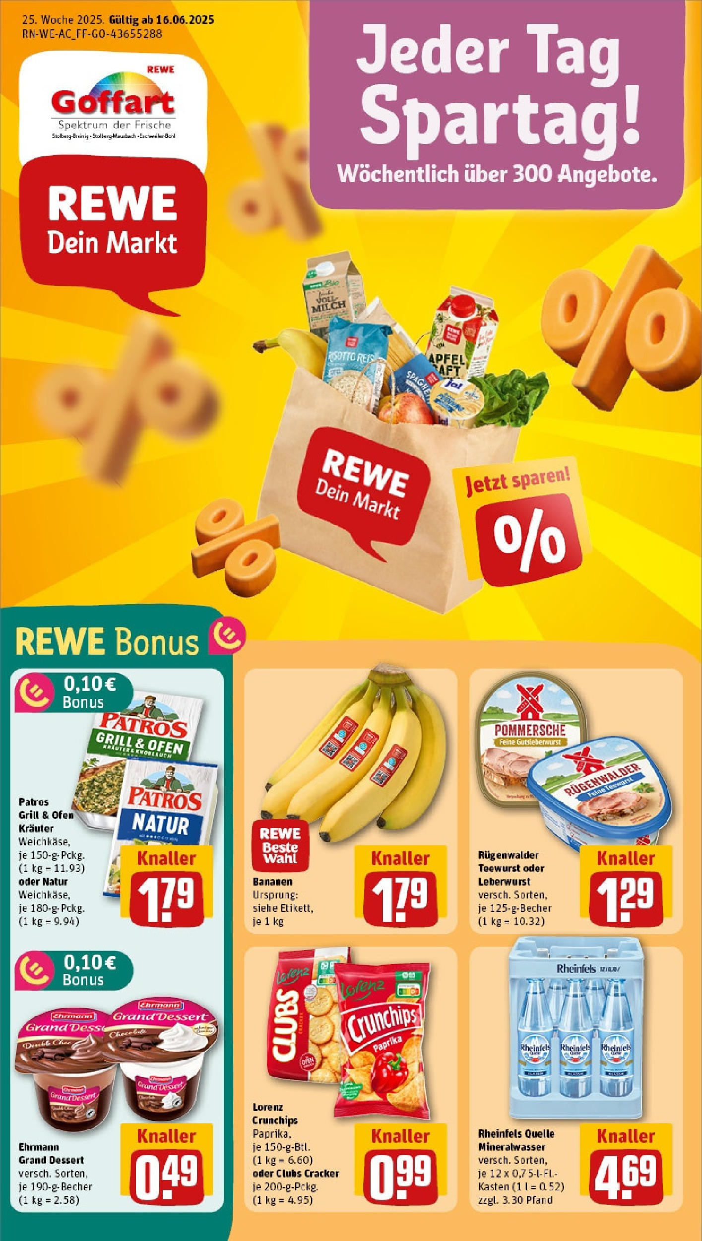 REWE Prospekt ab 15.06.2025 zum Blättern » Angebote | Seite: 1 | Produkte: Patros, Lorenz crunchips, Reis, Rheinfels quelle