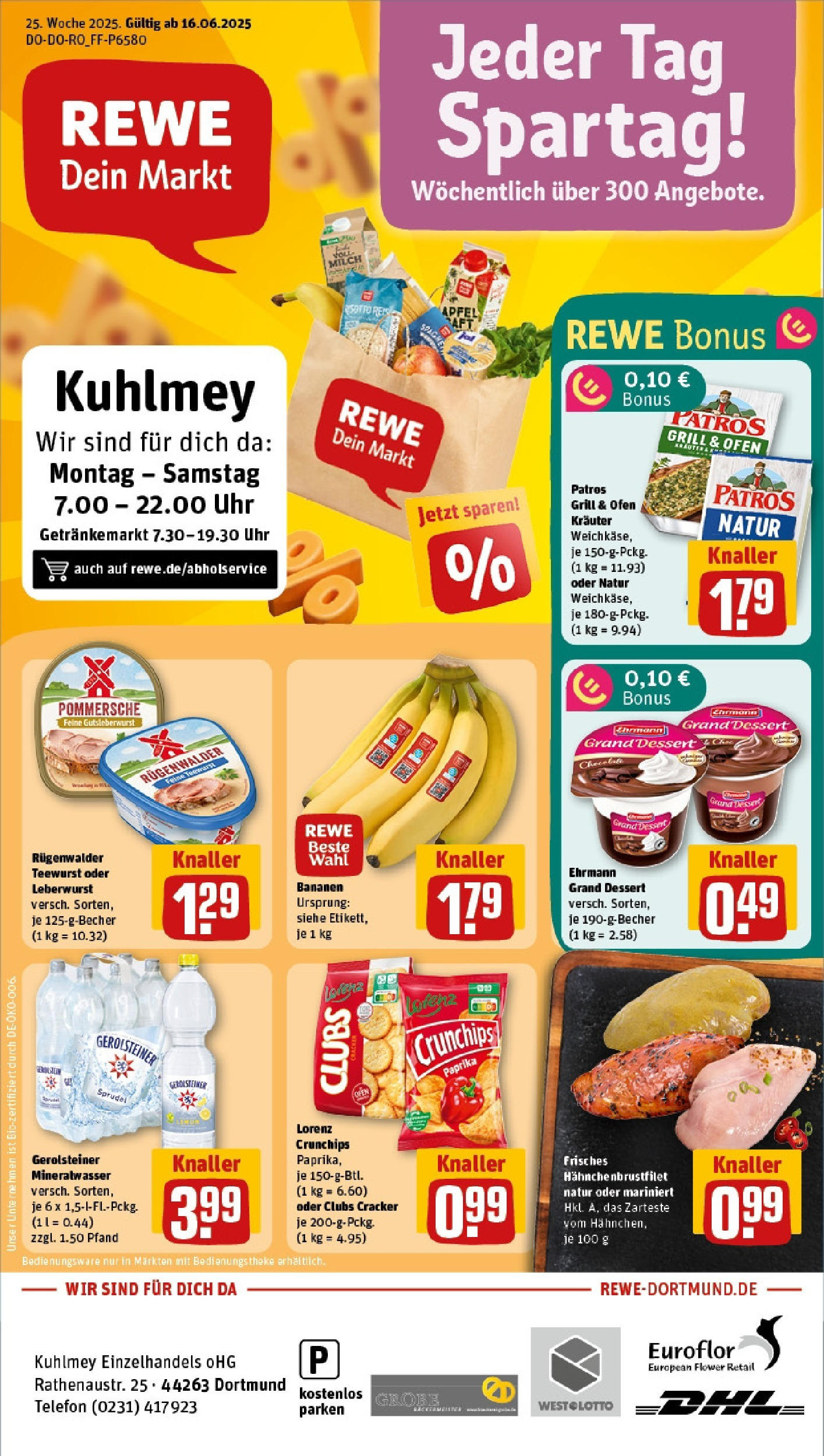 REWE Prospekt ab 15.06.2025 zum Blättern » Angebote | Seite: 1 | Produkte: Ehrmann grand dessert, Bananen, Mineralwasser, Paprika