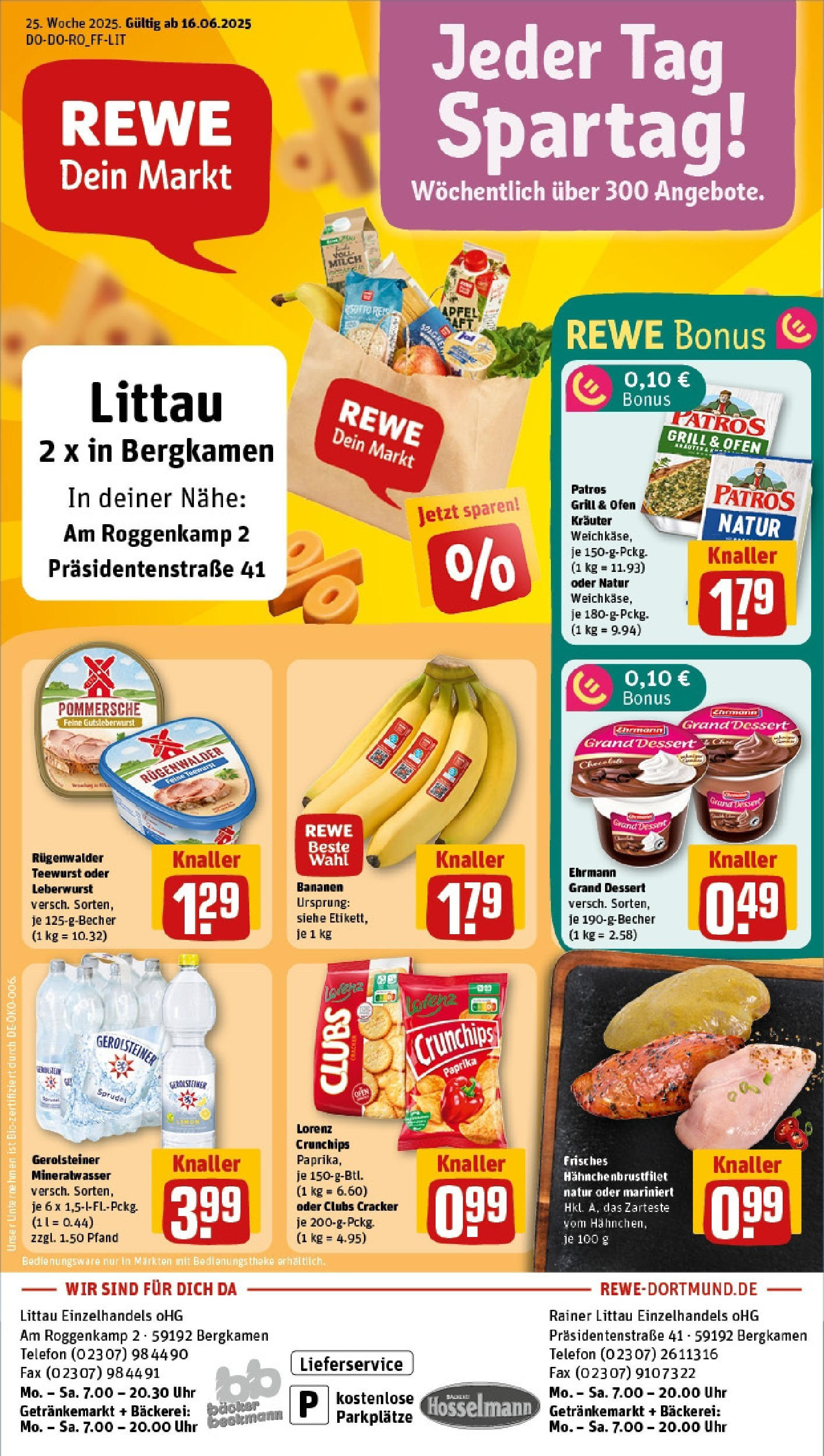 REWE Prospekt ab 15.06.2025 zum Blättern » Angebote | Seite: 1 | Produkte: Bäckerei, Ehrmann grand dessert, Lorenz crunchips, Uhr
