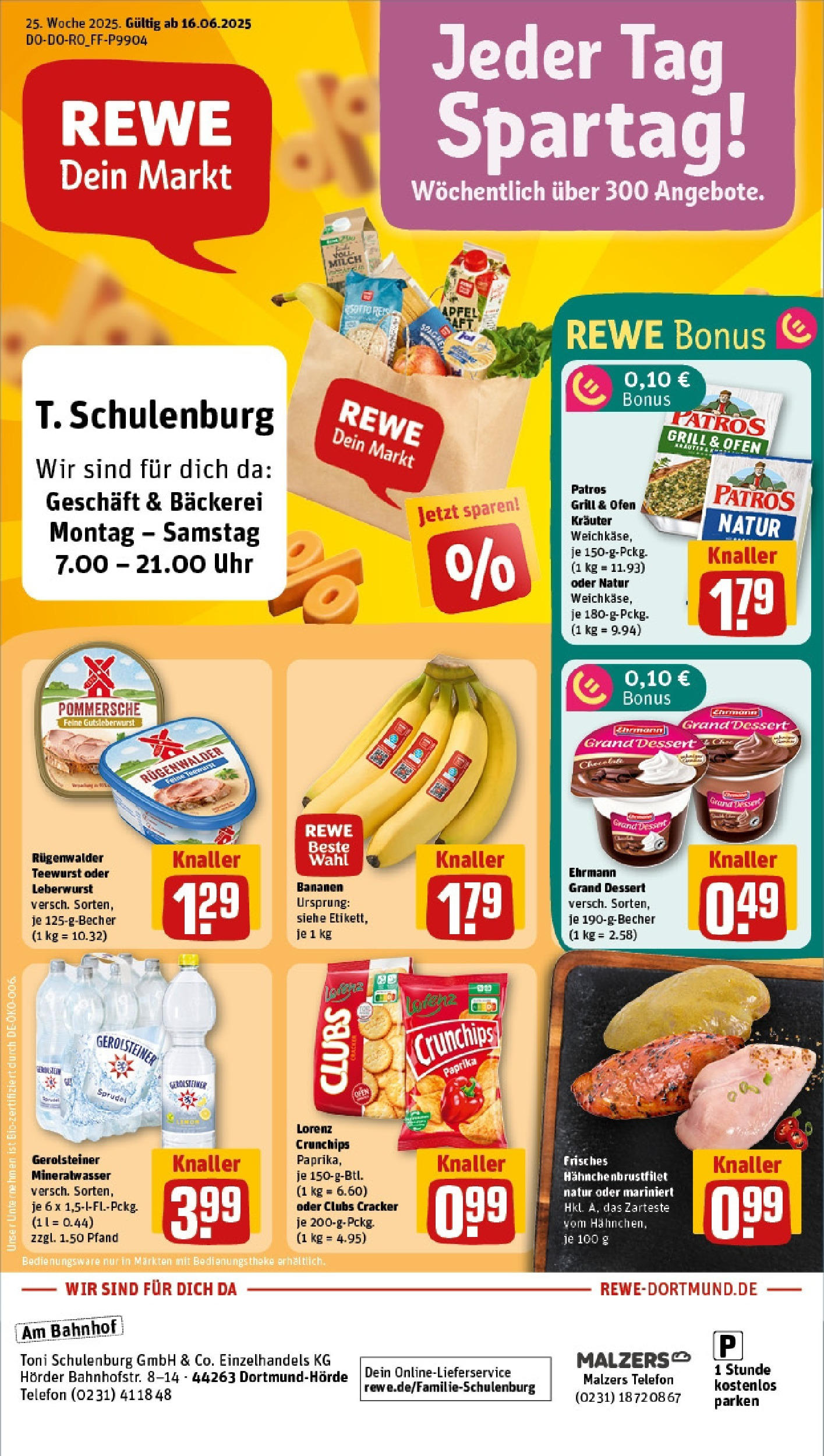 REWE Prospekt ab 15.06.2025 zum Blättern » Angebote | Seite: 1 | Produkte: Bäckerei, Bananen, Mineralwasser, Uhr