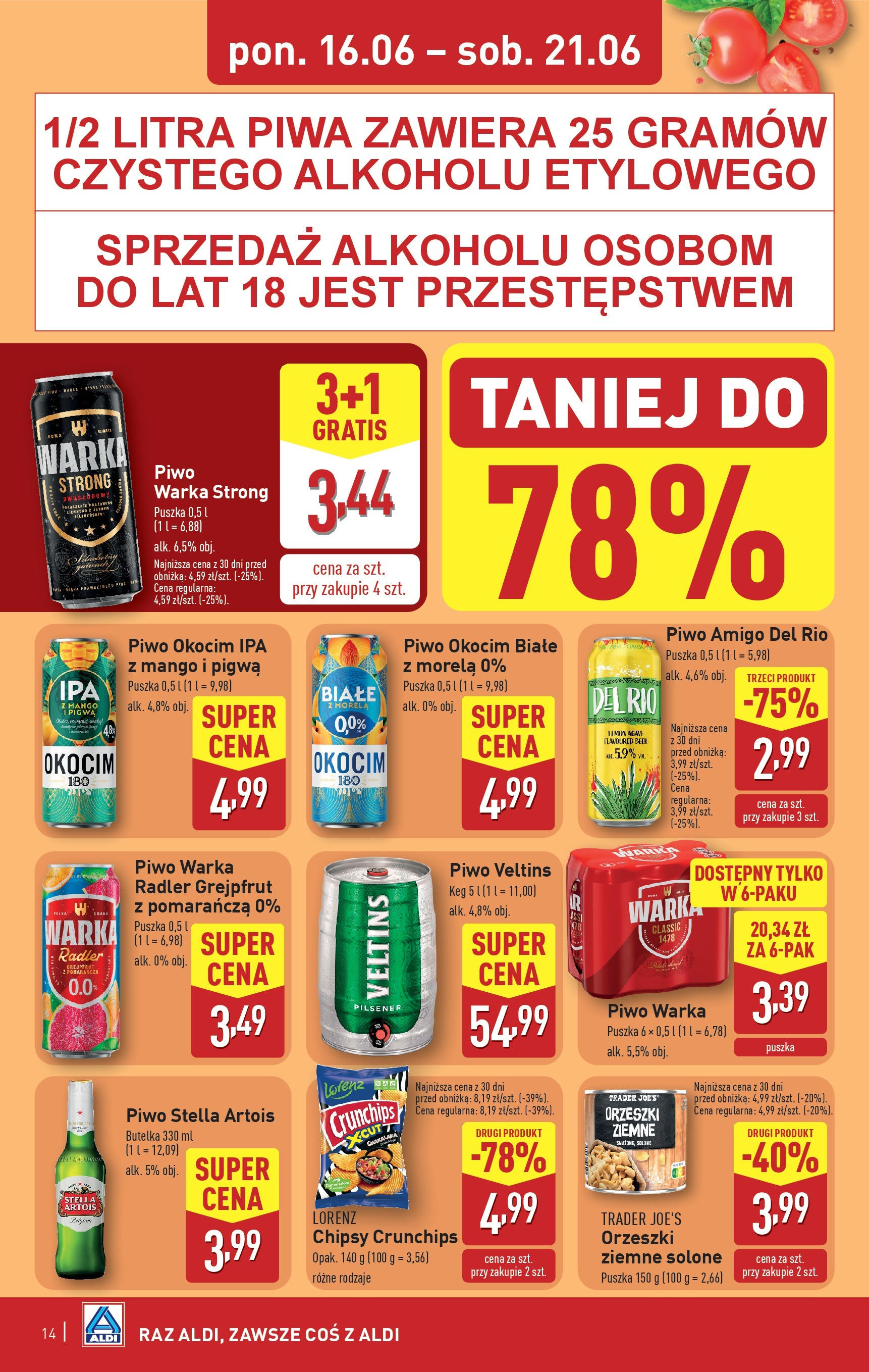 Aldi Gazetka od 16.06.2025 - Ulotka PDF, promocje | Strona: 14 | Produkty: Chipsy, Piwo Warka, Piwo, Grejpfrut